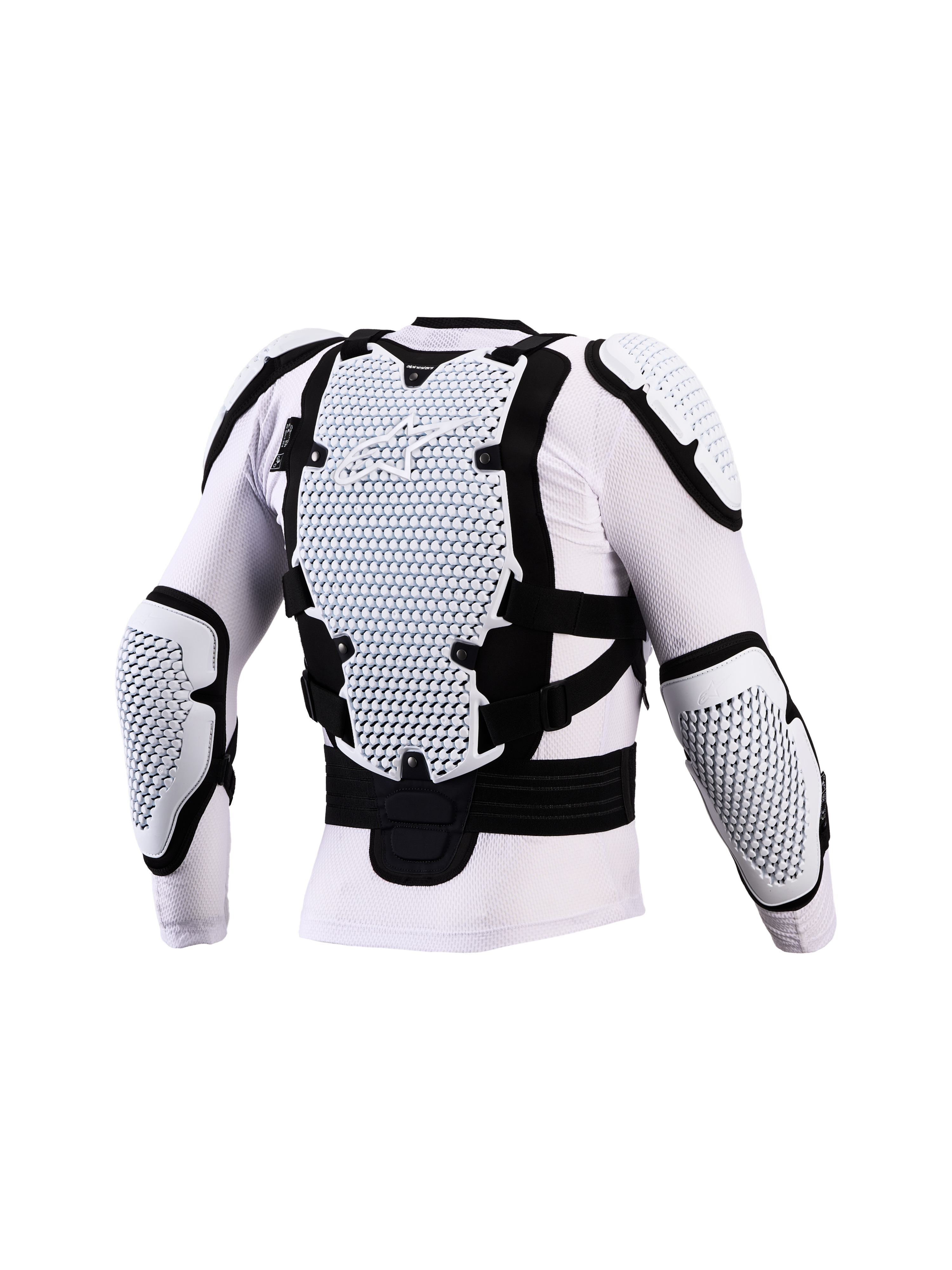 Alpinestars Bionic Action V3 Protection Jacket, White and Black motocross body armor with CE-certified A-Morph Technology protectors on back and elbows.