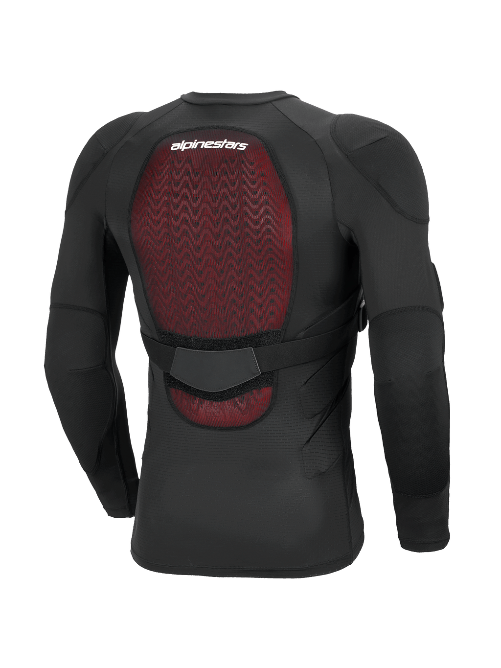 Alpinestars Bionic Plasma LT Schutzjacke - Langarm, Schwarz, Rückansicht mit Fokus auf den roten Nucleon PLASMA Rückenprotektor, atmungsaktive Stretch-Mesh-Konstruktion, verstellbarer Hüftgurt und integrierter Ellbogen- und Schulterschutz