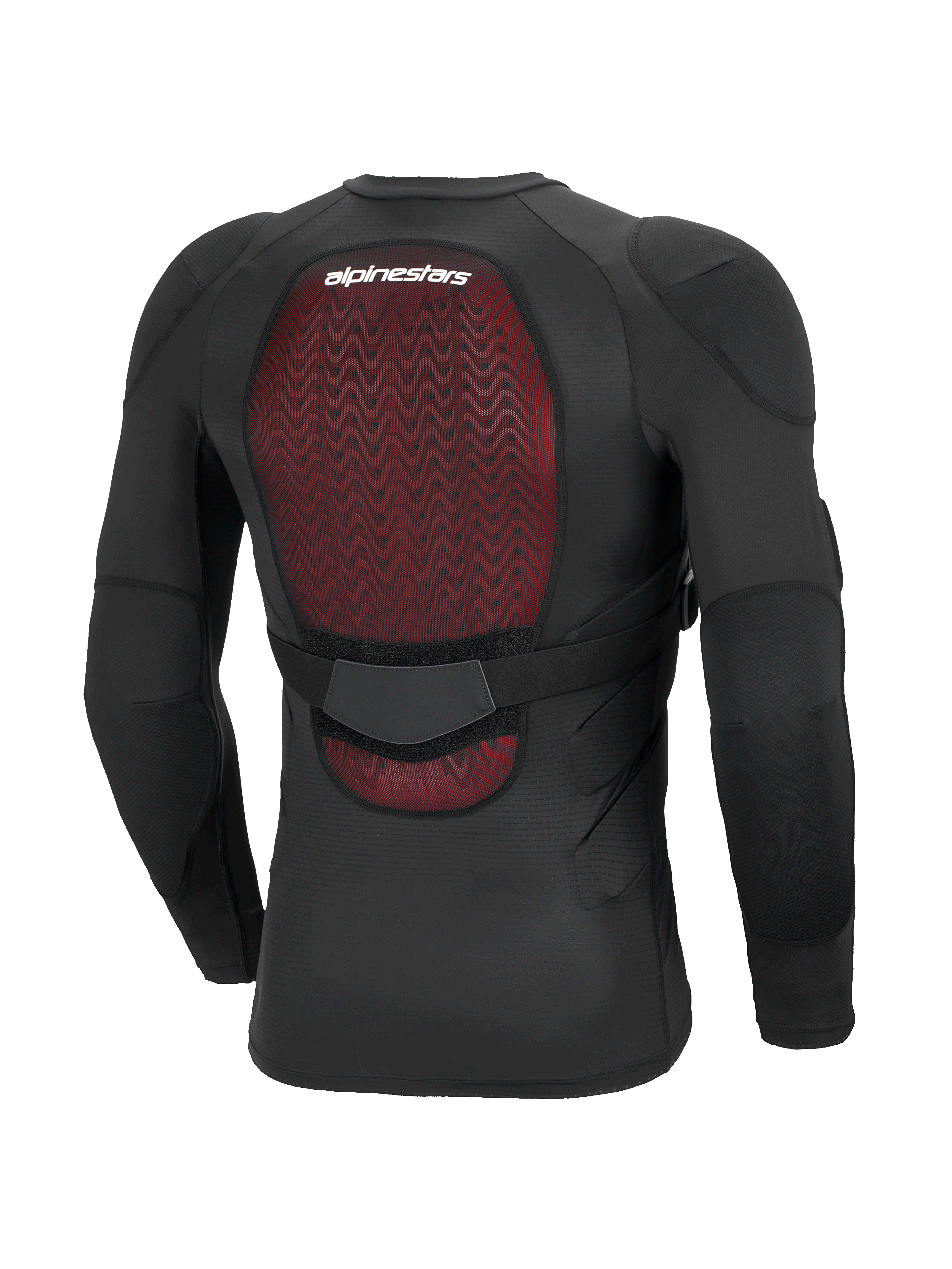 Alpinestars Bionic Plasma LT Schutzjacke - Langarm, Schwarz, Rückansicht mit Fokus auf den roten Nucleon PLASMA Rückenprotektor, atmungsaktive Stretch-Mesh-Konstruktion, verstellbarer Hüftgurt und integrierter Ellbogen- und Schulterschutz