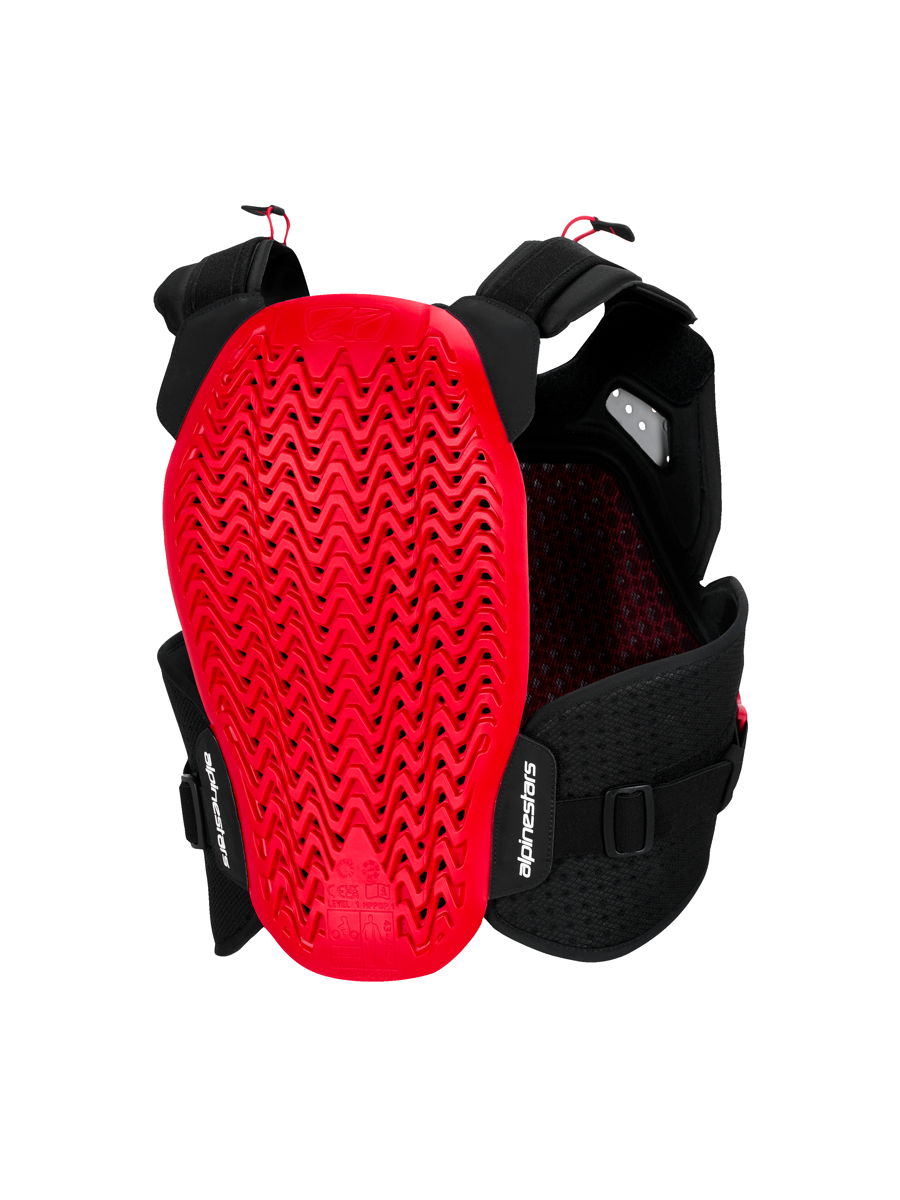 Alpinestars A-4 Plasma Brustpanzer, Rückansicht, Schwarz und Rot, mit einem großen roten Nucleon PLASMA Rückenprotektor mit wellenförmigem, perforiertem Design, schwarzes Mesh-Chassis mit verstellbaren Riemen und weißem Alpinestars-Branding.