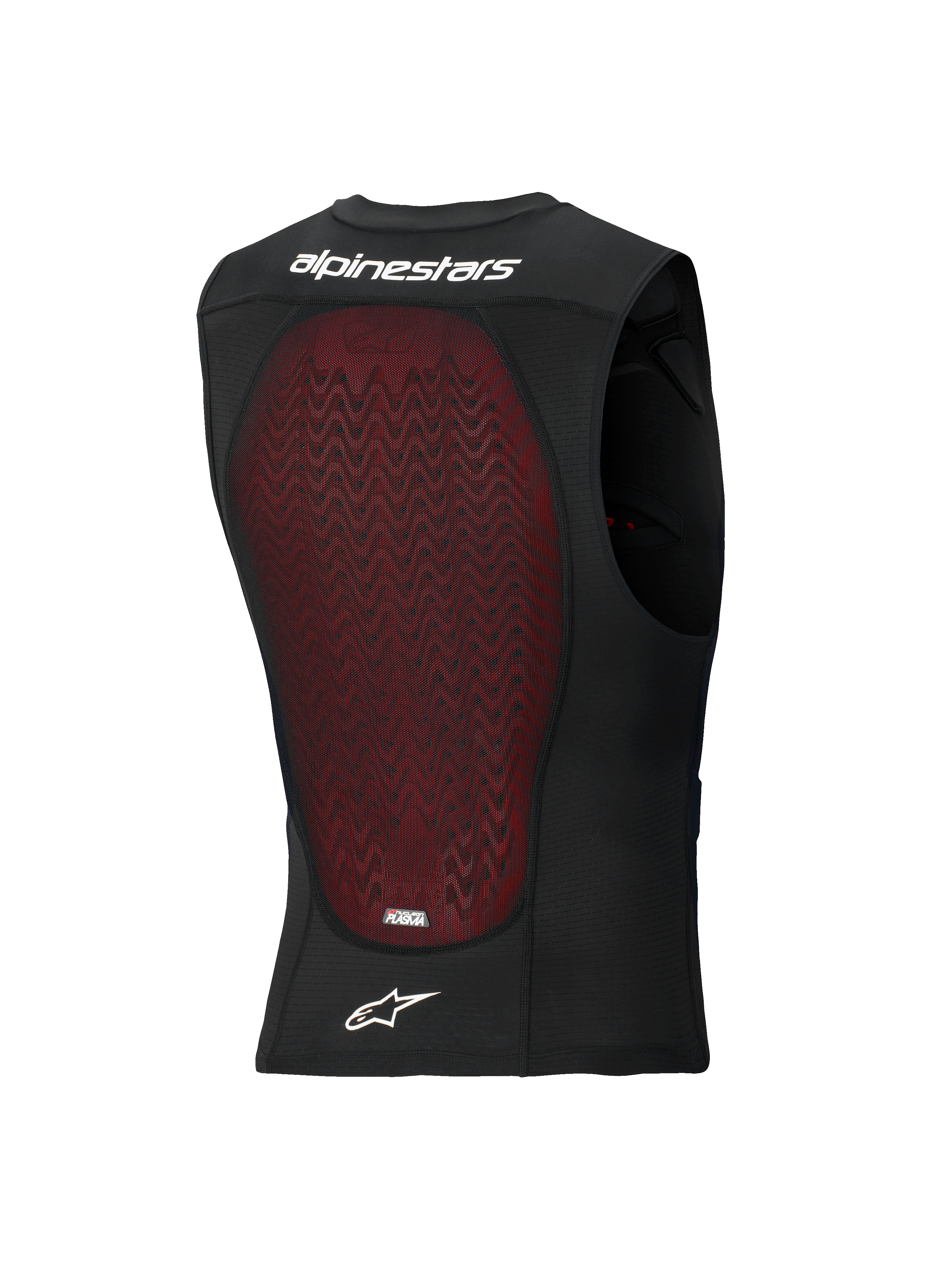 Alpinestars Bionic Plasma LT Schutzweste, Rückansicht, schwarzes atmungsaktives Mesh mit großem rotem Nucleon PLASMA Rückenprotektor, weißer Alpinestars-Schriftzug und Logo, konzipiert für Offroad- und Motocross-Aufprallschutz
