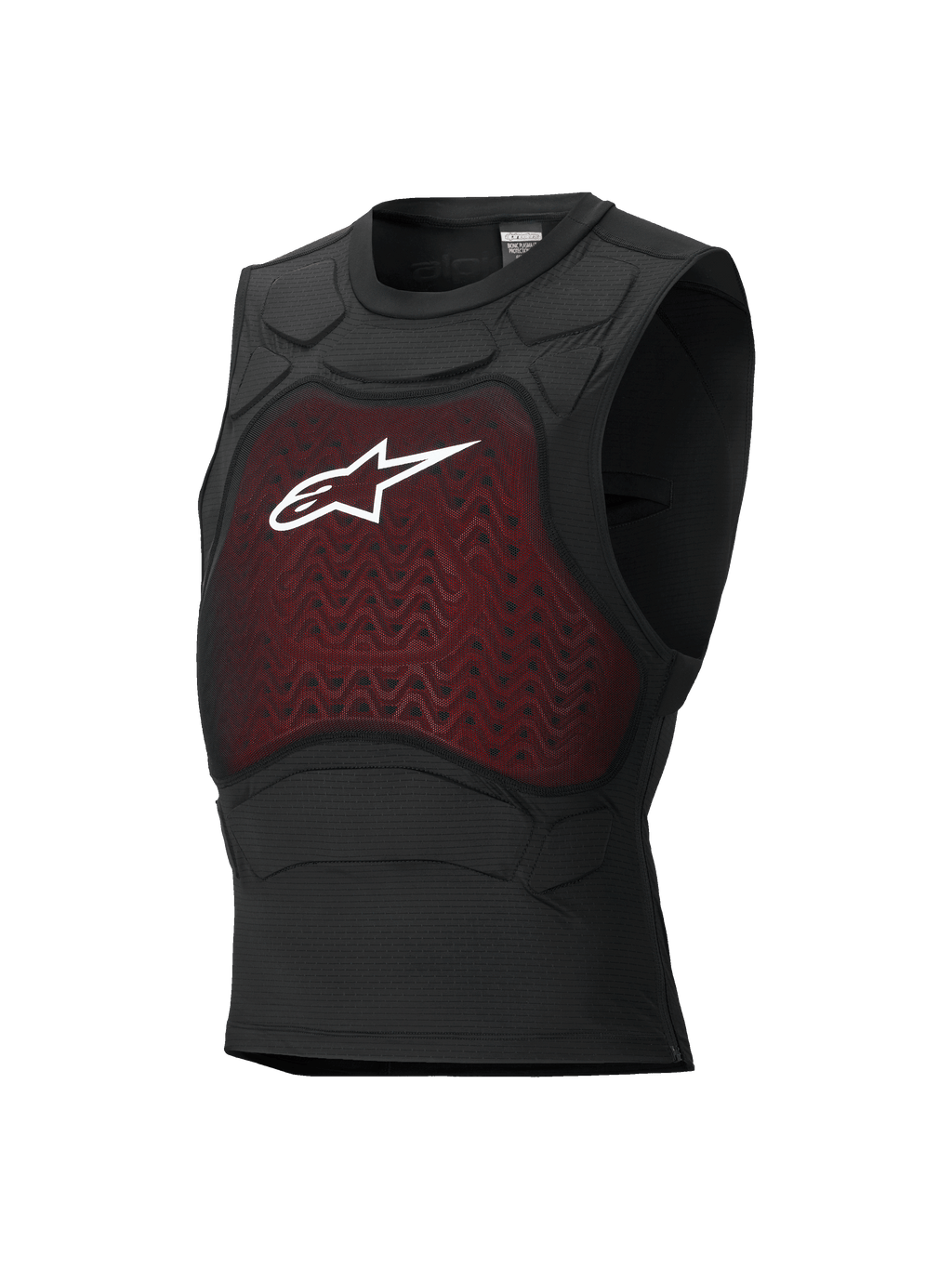 Alpinestars Bionic Plasma LT Schutzweste, Motorrad-Protektorenweste, Schwarz und Rot, ärmelloses Design mit Mesh-Brustpanel und weißem Astars-Logo, integrierte Polsterung an den Schultern, atmungsaktive, körperbetonte Konstruktion