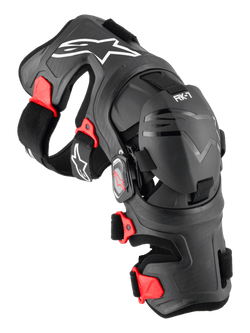 Alpinestars RK-7 Plasma Knieorthese, Motocross-Knieschützer, Schwarz mit roten Akzenten und weißen Logos, ergonomischer faserverstärkter Rahmen mit verstellbaren Riemen und Vier-Punkt-Scharniersystem, robuste Offroad-Schutzausrüstung