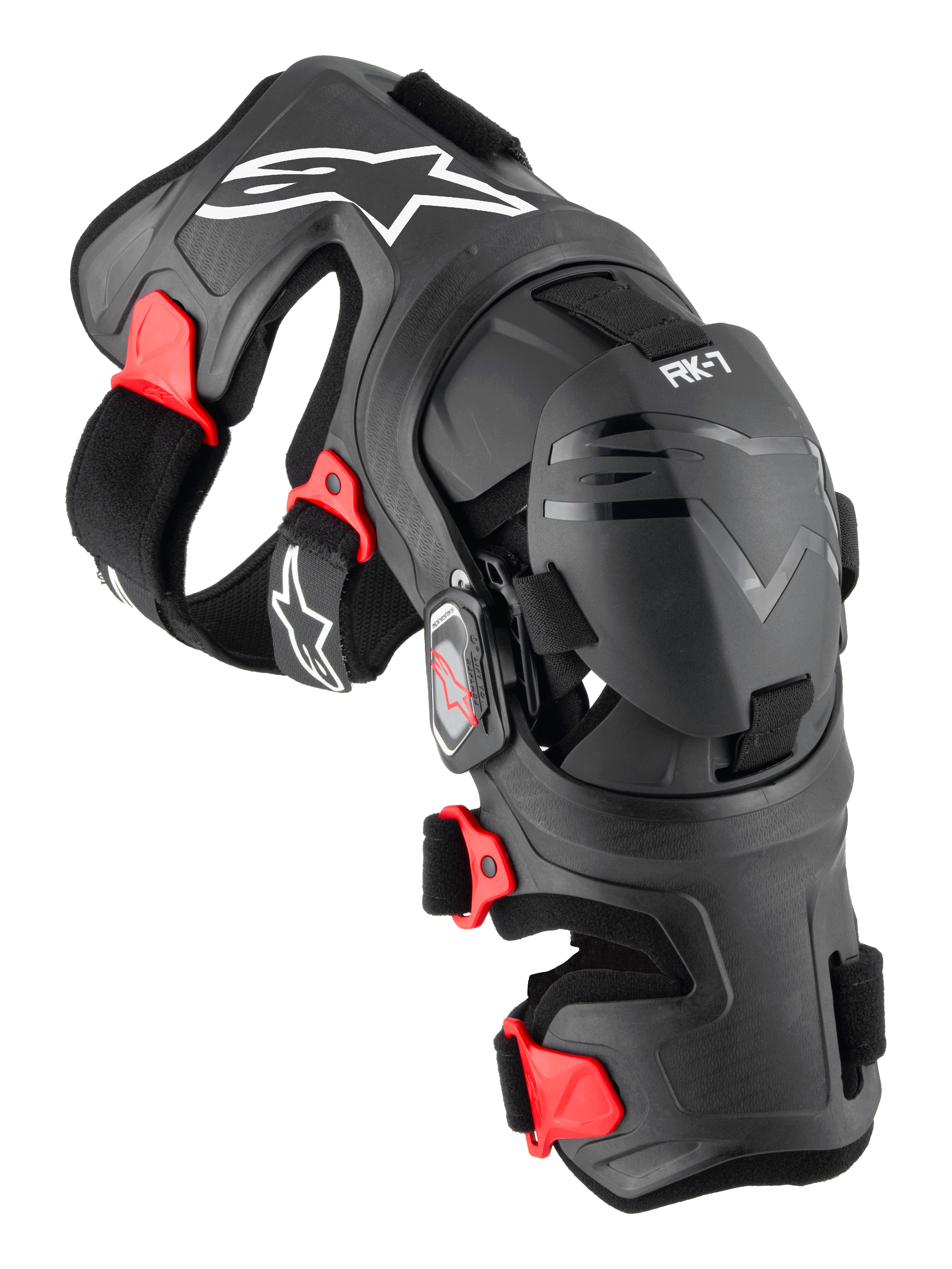 Alpinestars RK-7 Plasma Knee Brace, Motocross Knee Protector, Black with Red accents and white logos, ergonomic fiber-reinforced frame with adjustable straps and four-point hinge system, durable off-road protection gear