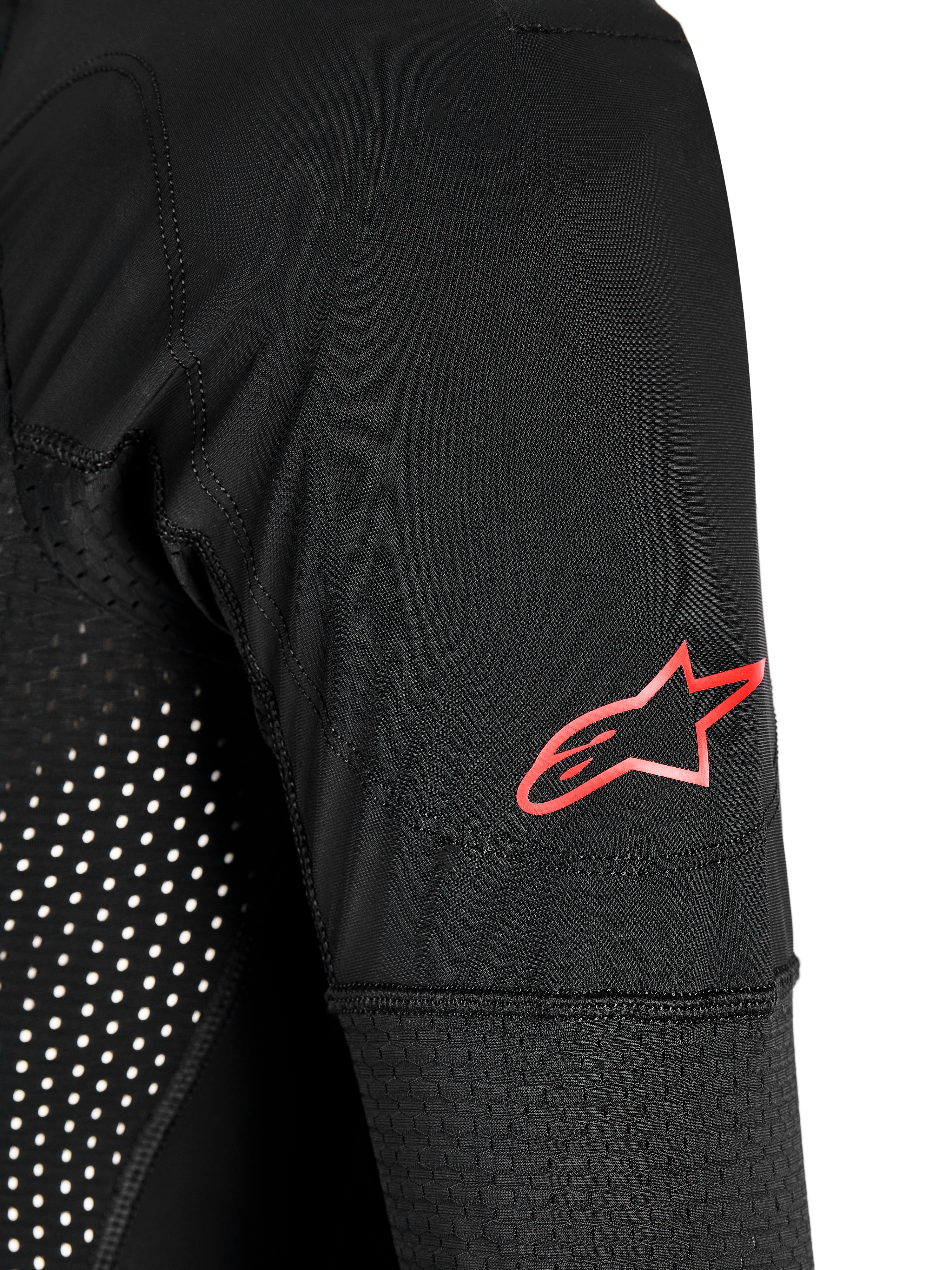 Tech-Air 10 V2 Race Airbag System sleeve in black, featuring a red Alpinestars logo and technical mesh panels.