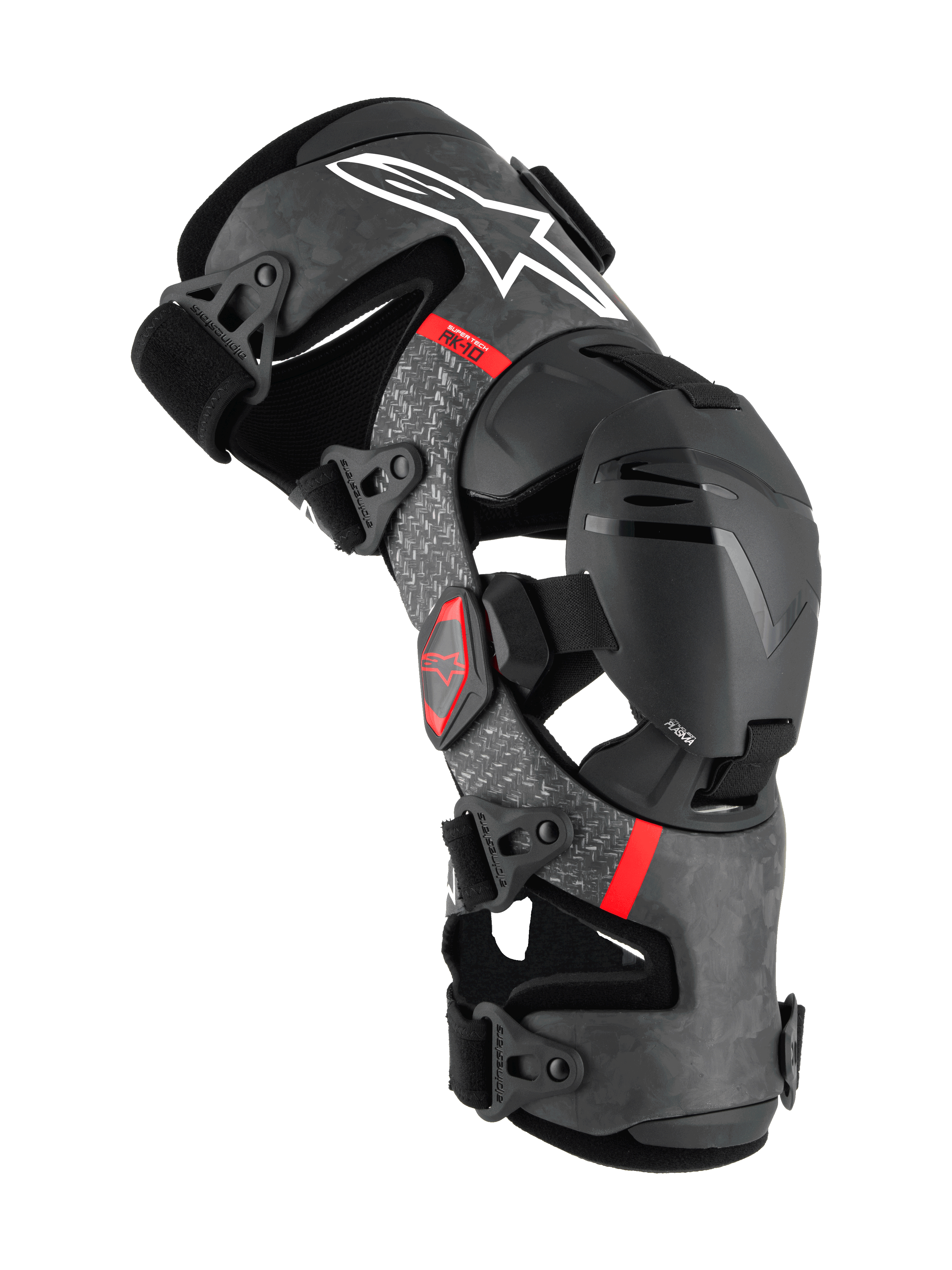 Alpinestars Supertech RK-10 Plasma Knee Brace, Motocross Protective Gear, Black with Forged Carbon Fiber Frame and Gray Accents, Red Branding, Hinged Support System with Adjustable Straps, Premium Off-Road Protection