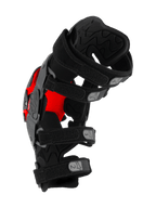 Alpinestars RK-1 Plasma Knee Brace, Motocross Knee Protector, Black and Red, side view showing four numbered adjustable straps and textured interior padding, technical protective gear for off-road racing