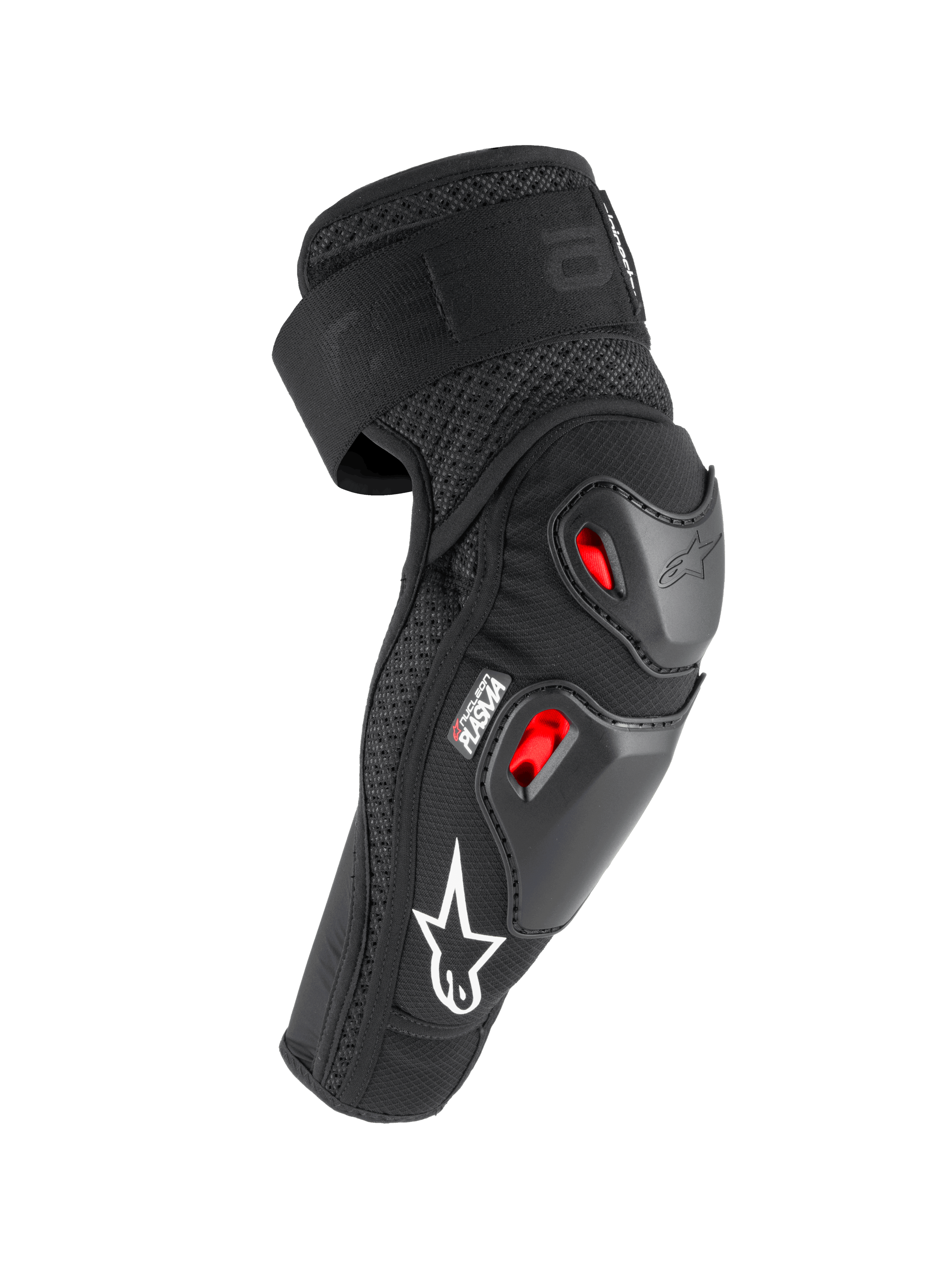 Alpinestars Bionic Pro Plasma Elbow Protectors, Black Red and White, featuring dual thermoplastic shells and Nucleon PLASMA impact protection, breathable mesh design with white logo, off-road motorcycle protective gear