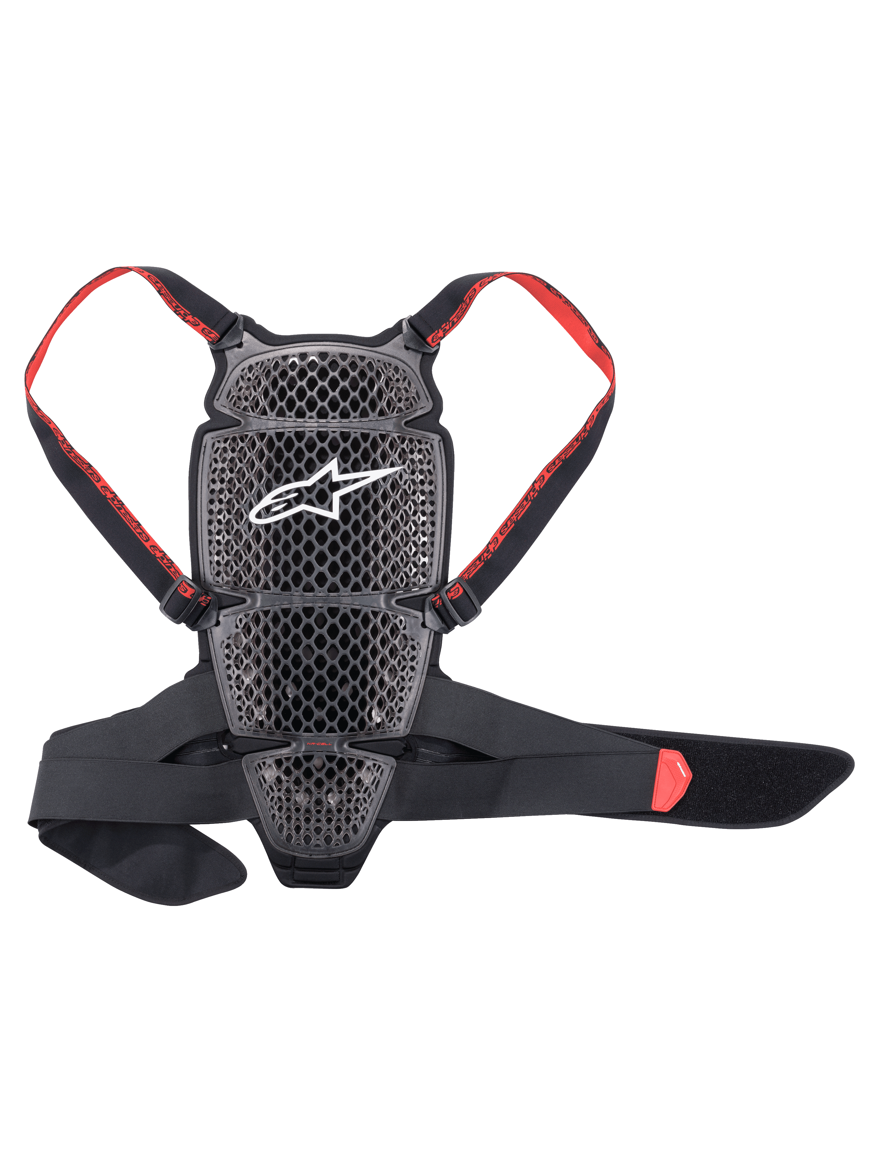Alpinestars Nucleon KR-Cell Protektor, Motorrad-Rückenprotektor, Rauchschwarz und Rot, mit perforierter Wabenstruktur und weißem Alpinestars-Logo, verstellbare rote Markengurte und ein schwarzer Hüftgurt, ergonomisches, belüftetes Design