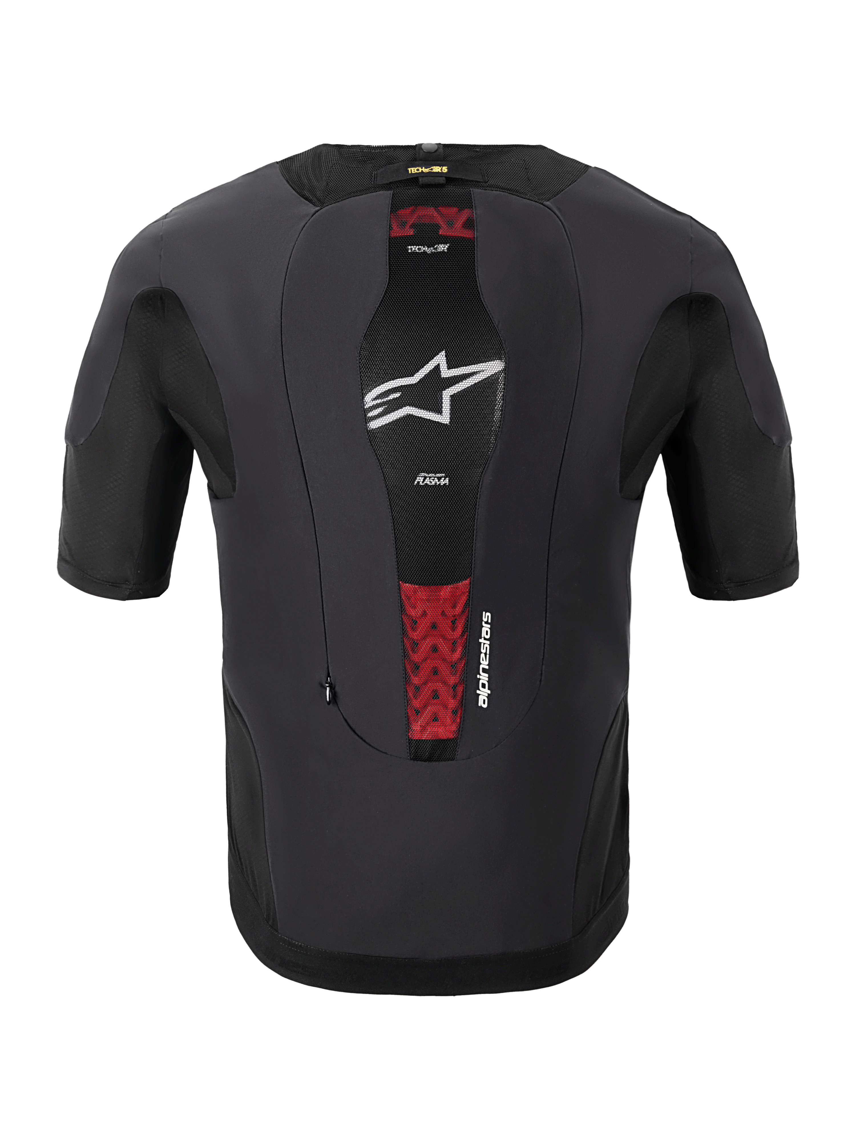 Alpinestars Tech-Air® 5 Plasma System, Motorcycle Airbag System, Rear View, Black, features a central mesh panel with a white star logo and red accents from the internal PLASMA back protector, slim-fit short-sleeved design for under-jacket protection