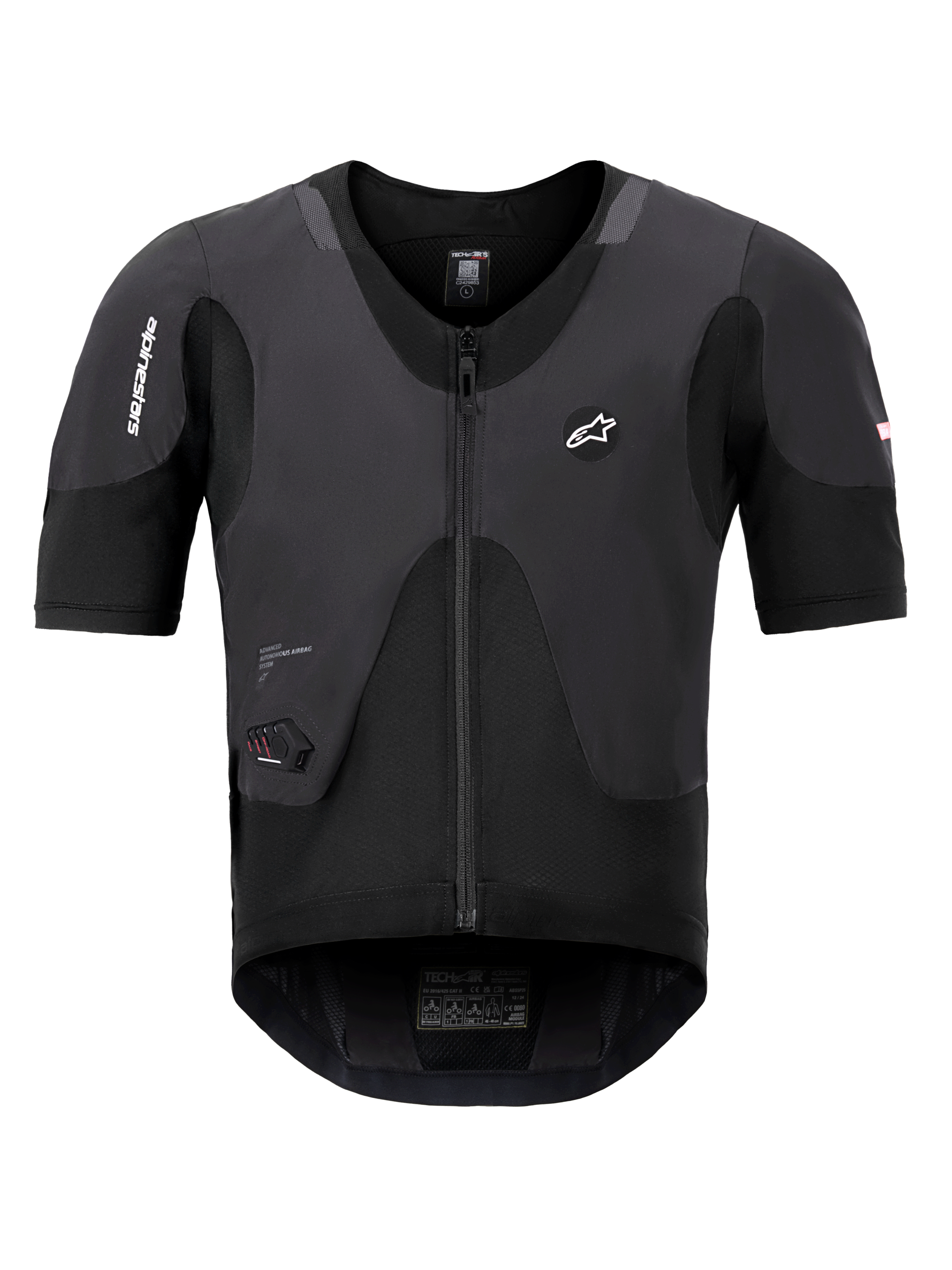 Alpinestars Tech-Air 5 Plasma System, Black Airbag Vest, front view showing short sleeves and central zipper, features Alpinestars branding and an integrated LED status display, ultra-slim protective undergarment for motorcycle safety