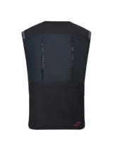 Alpinestars Tech-Air® 3 V2 System, Back view of black motorcycle airbag vest, technical textile design with vertical back slits showing branding, small red Alpinestars logo on bottom right corner, streamlined safety gear for road riding