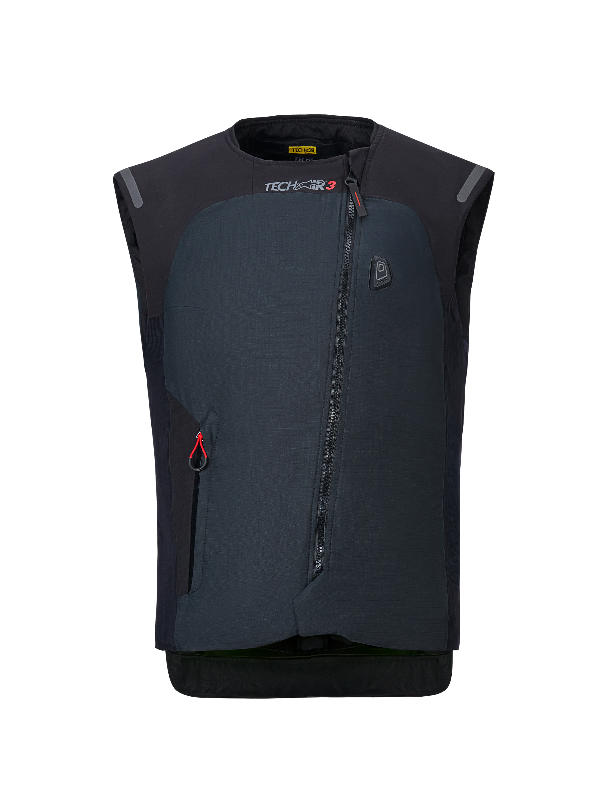 Alpinestars Tech-Air® 3 V2 System, Motorcycle Airbag Vest, Black, front view showing diagonal zipper, TECH-AIR 3 branding, slim textile construction, autonomous electronic protection for road riding.