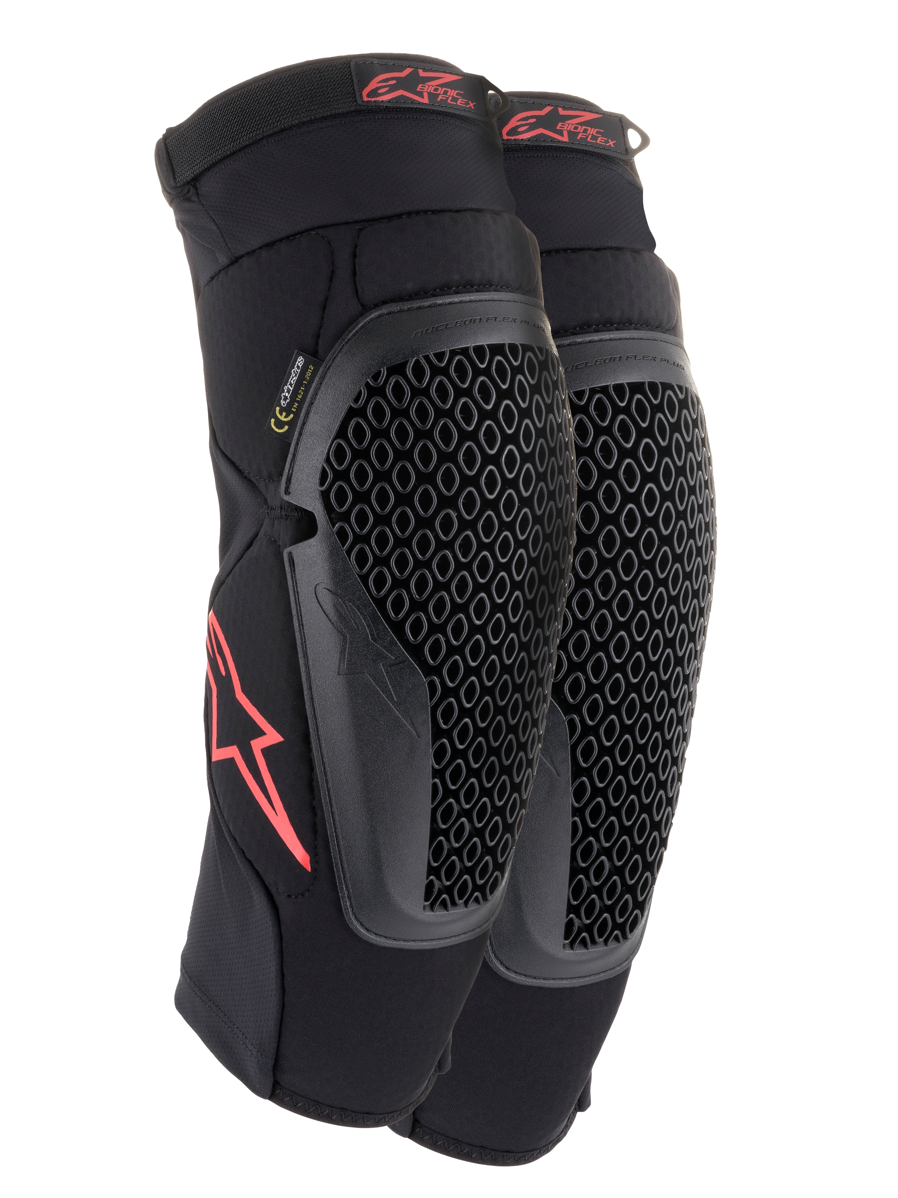 Alpinestars Bionic Flex Knieschützer, Schwarz und Rot, Paar Motocross-Knieschützer mit perforierten Nucleon Flex Technologie-Protektoren, roten Astars-Logos und elastischen Riemen auf einem atmungsaktiven schwarzen Mesh-Ärmel.