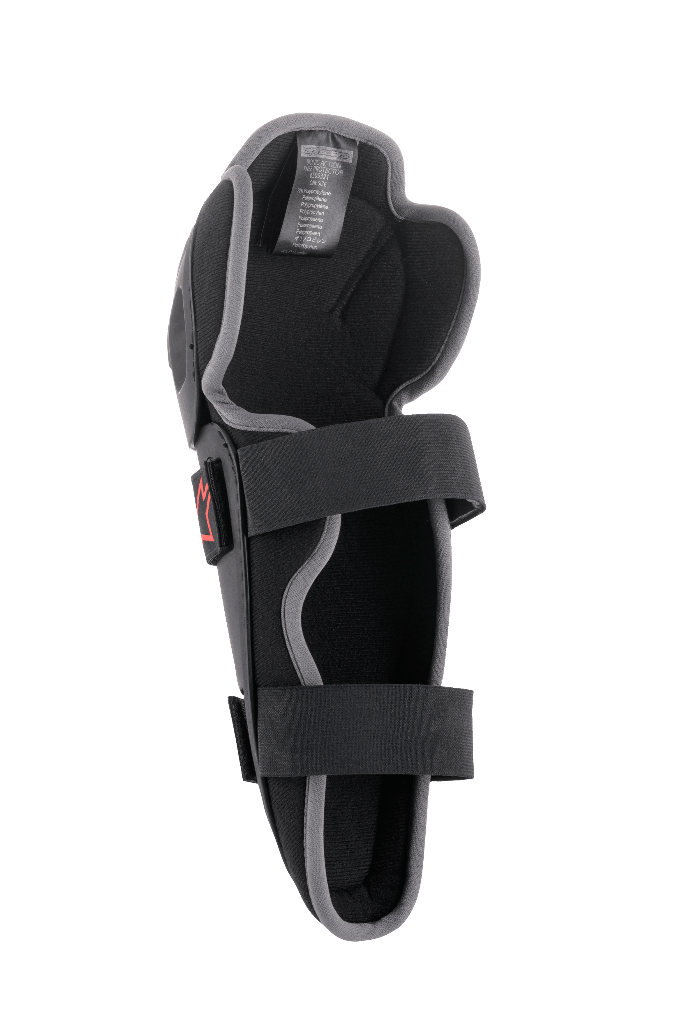 Alpinestars Bionic Action Knee Protector, Motocross Knee Guard, Black and Grey, interior view featuring dual elasticated strap system, foam padding, and ergonomic asymmetrical design for off-road riding