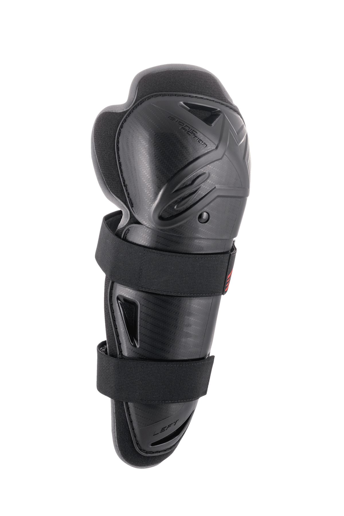 Alpinestars Bionic Action Knieschützer, Schwarz, Einzelner linker Protektor, Hartschalenschutz mit zwei elastischen Riemen, Aufprallschutz für Motocross und Offroad, Belüftetes ergonomisches Design mit gepolsterter Innenseite