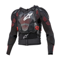 Alpinestars Bionic Tech V3 Protection Jacket, motorcycle body armor, black with white and red accents, featuring a perforated chest protector with a white star logo, adjustable red buckles, integrated shoulder and elbow guards, and a breathable mesh base layer