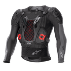 Alpinestars Bionic Plus V2 Protection Jacket, Motocross-Protektorenjacke, Schwarz und Anthrazitgrau mit roten Akzenten, Brustprotektor mit Wabenstruktur, gepolsterte Schultern und Ellbogen, atmungsaktives Mesh-Design für Offroad-Rennsport