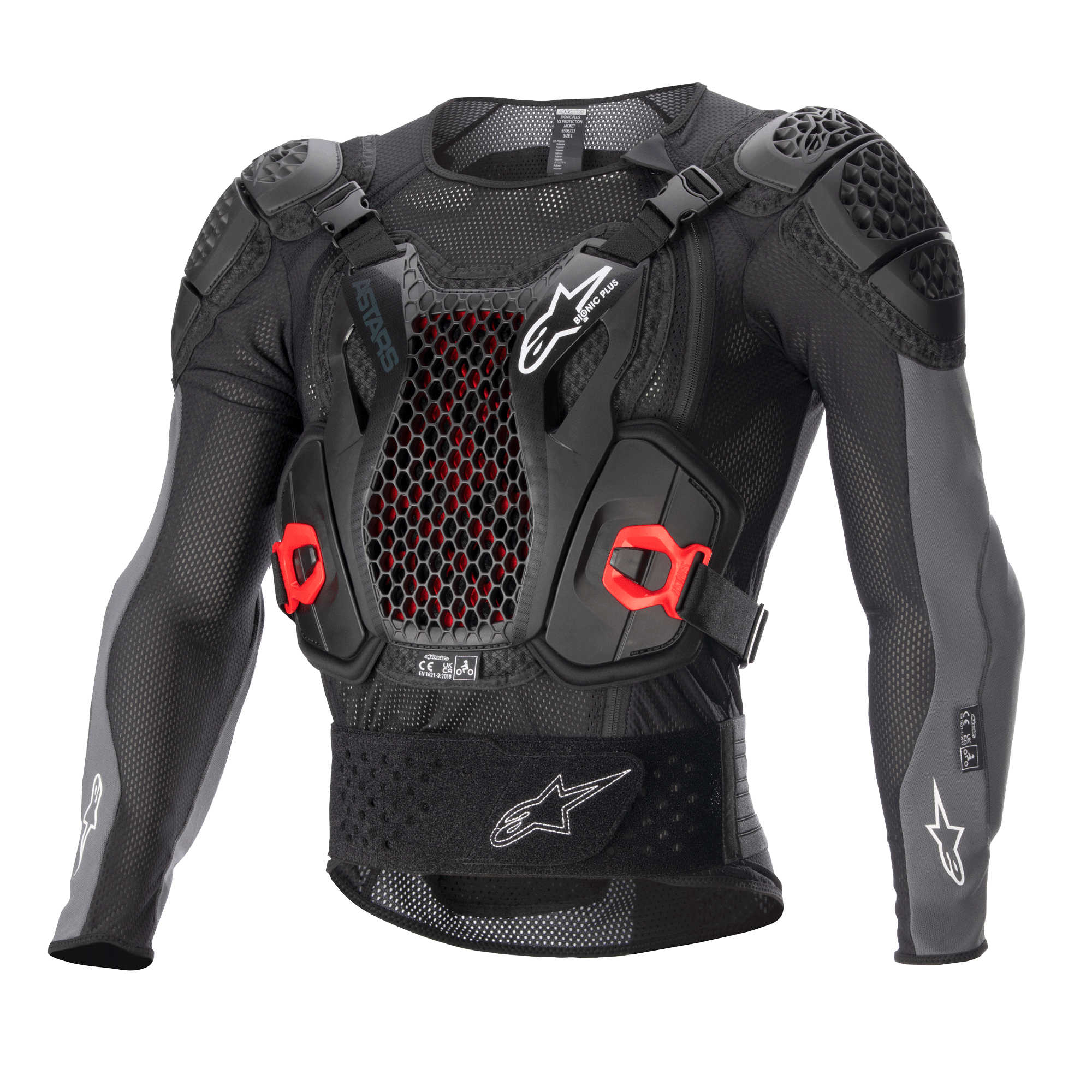 Alpinestars Bionic Plus V2 Protection Jacket, Motocross-Protektorenjacke, Schwarz und Anthrazitgrau mit roten Akzenten, Brustprotektor mit Wabenstruktur, gepolsterte Schultern und Ellbogen, atmungsaktives Mesh-Design für Offroad-Rennsport
