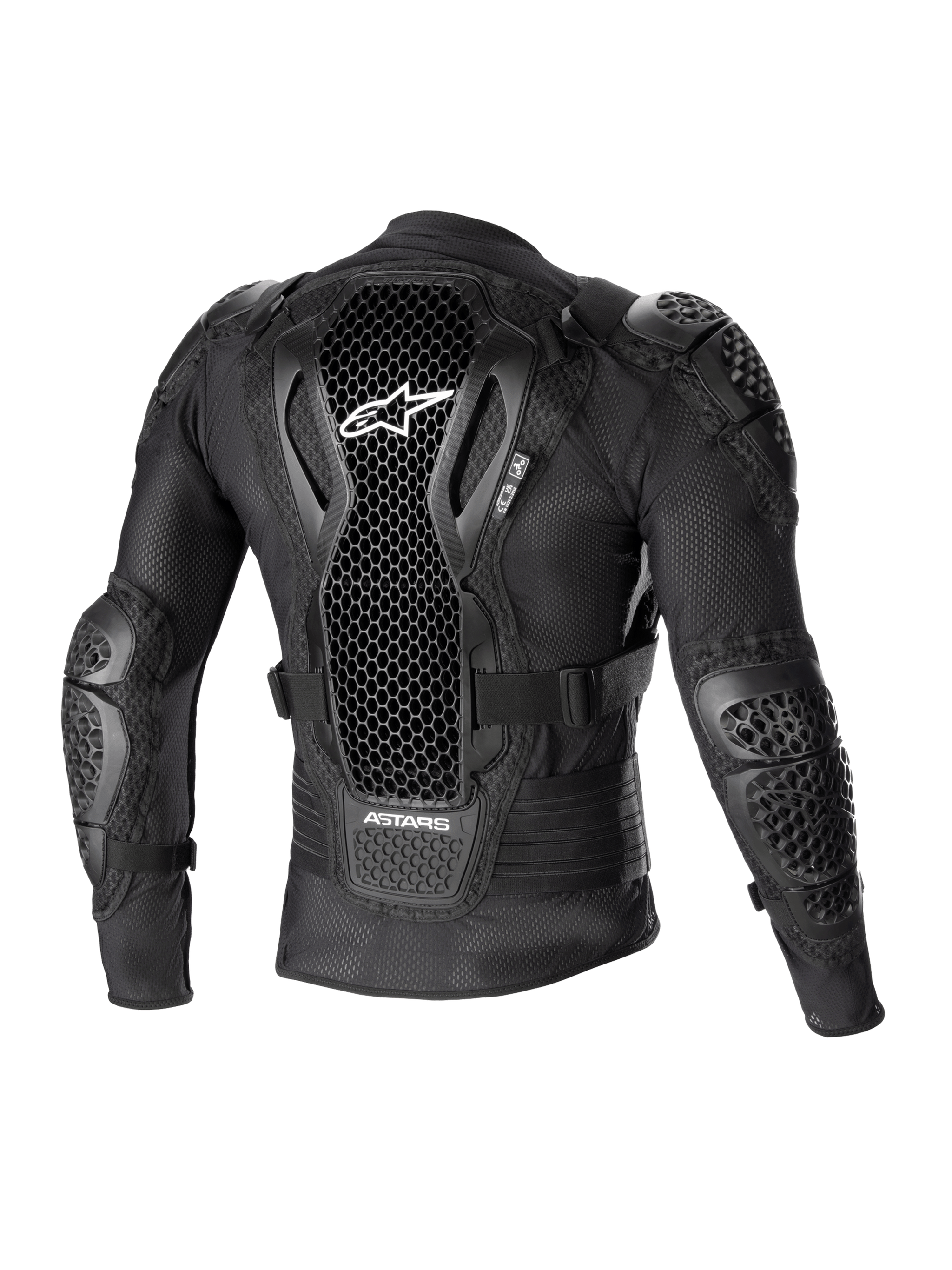 Alpinestars Bionic Action V2 Schutzjacke, Rückansicht, Schwarz, mit perforiertem Cell Technology Rückenprotektor und weißem Logo, Mesh-Konstruktion mit integriertem Schulter- und Ellbogenschutz, entwickelt für Motocross- und Offroad-Schutz