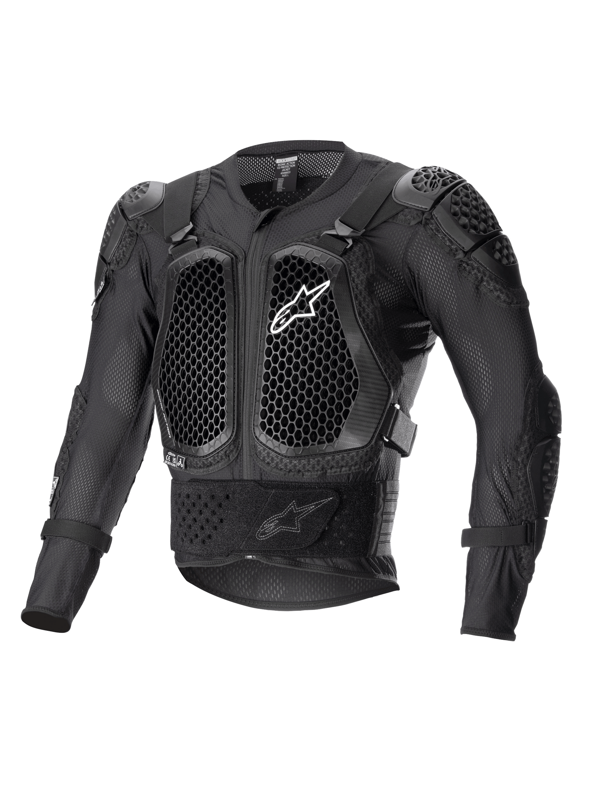Alpinestars Bionic Action V2 Schutzjacke, Schwarz, mit Cell-Technology-Brust- und Ellbogenprotektoren im Wabenmuster, atmungsaktive Mesh-Konstruktion, weißes Alpinestars-Logo auf der Brust, Offroad-Motorradschutzausrüstung