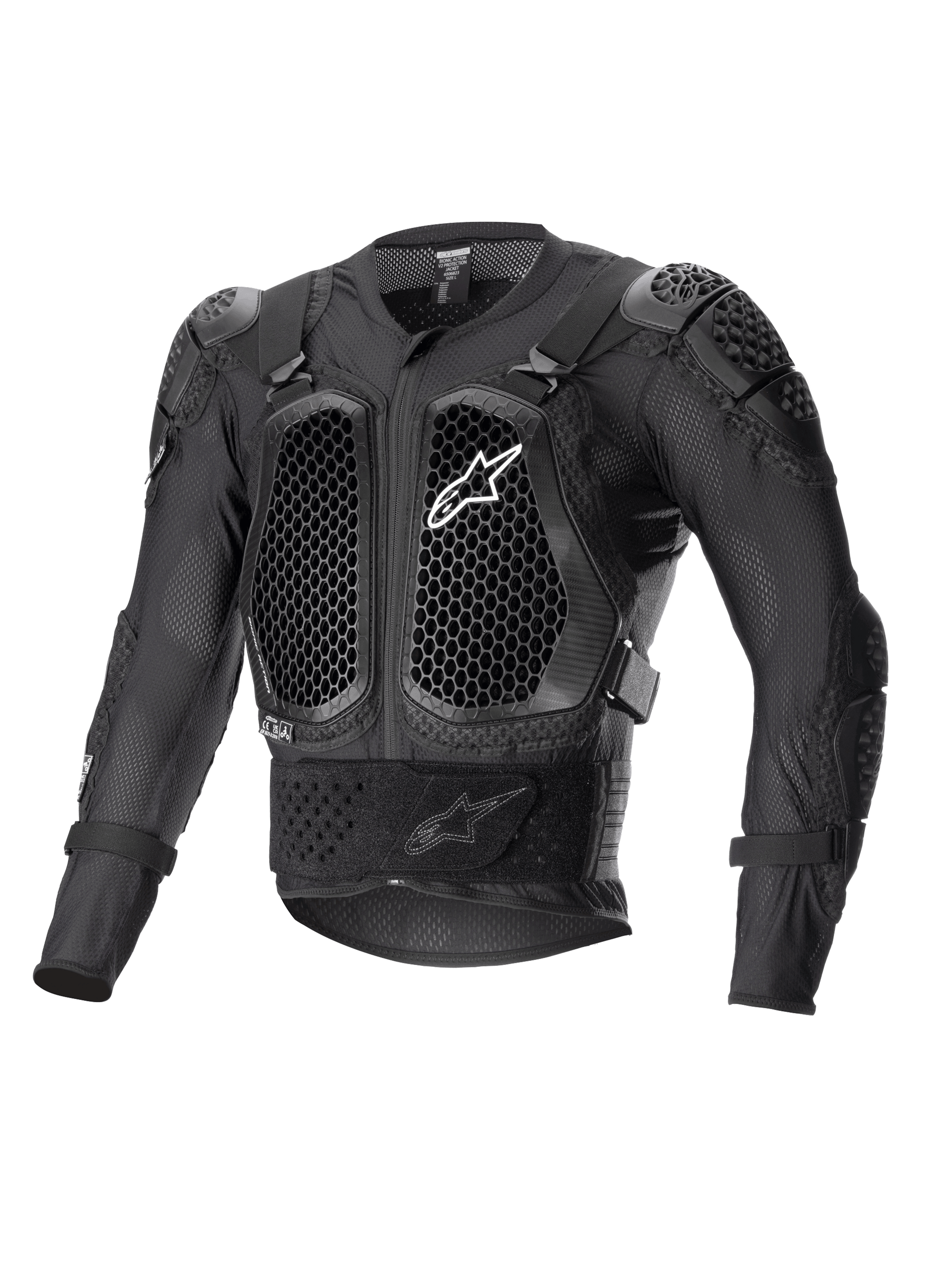 Alpinestars Bionic Action V2 Protection Jacket, Black, featuring honeycomb-patterned Cell Technology chest and elbow protectors, breathable mesh construction, white Alpinestars logo on the chest, off-road motorcycle protective gear