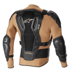 Alpinestars Bionic Action V2 Schutzjacke, Sand, Schwarz und Tangerine, Rückansicht mit Cell Technology Rückenprotektor im Waben-Design, integriertem Schulter- und Ellbogenschutz und atmungsaktiver sandfarbener Netzkonstruktion.