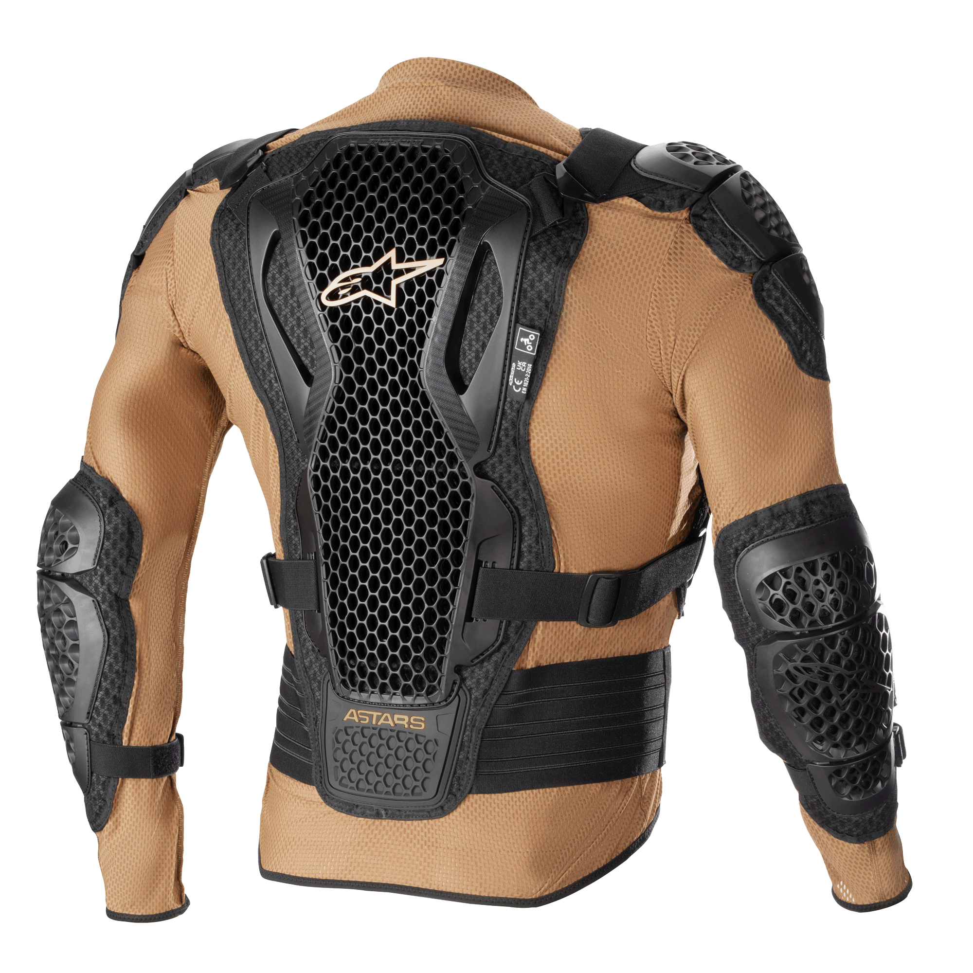 Alpinestars Bionic Action V2 Schutzjacke, Sand, Schwarz und Tangerine, Rückansicht mit Cell Technology Rückenprotektor im Waben-Design, integriertem Schulter- und Ellbogenschutz und atmungsaktiver sandfarbener Netzkonstruktion.