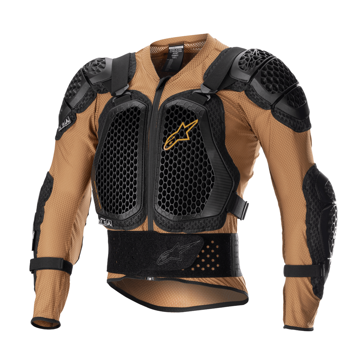 Alpinestars Bionic Action V2 Protection Jacket, Motorcycle Body Armor, Sand and Black with Tangerine accents, featuring honeycomb-patterned Cell Technology chest and shoulder plates, breathable mesh construction, integrated waist belt and adjustable straps, CE certified for motocross and off-road riding