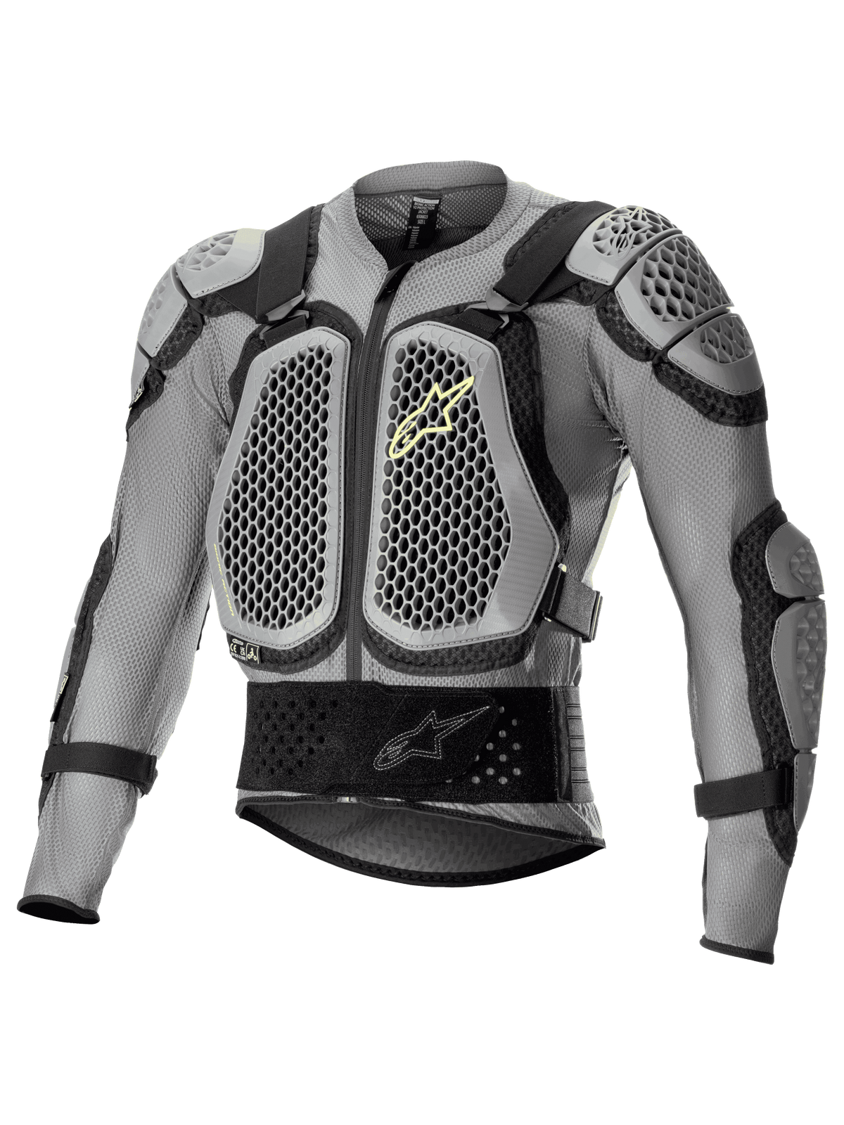 Alpinestars Bionic Action V2 Protection Jacket, Off-Road Motorcycle Body Armor, Gray and Black with Yellow Fluo accents, featuring honeycomb-patterned Cell Technology chest and shoulder protection, breathable mesh construction, adjustable straps, and a secure waist belt for motocross and enduro riding.