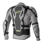 Alpinestars Bionic Action V2 Schutzjacke, Rückansicht, Grau und Schwarz mit Akzenten in Gelb Fluo, mit hochperforierten Cell Technology Rücken-, Schulter- und Ellbogenprotektoren, graues Mesh-Chassis mit schwarzen verstellbaren Riemen und gelbem Astars-Branding