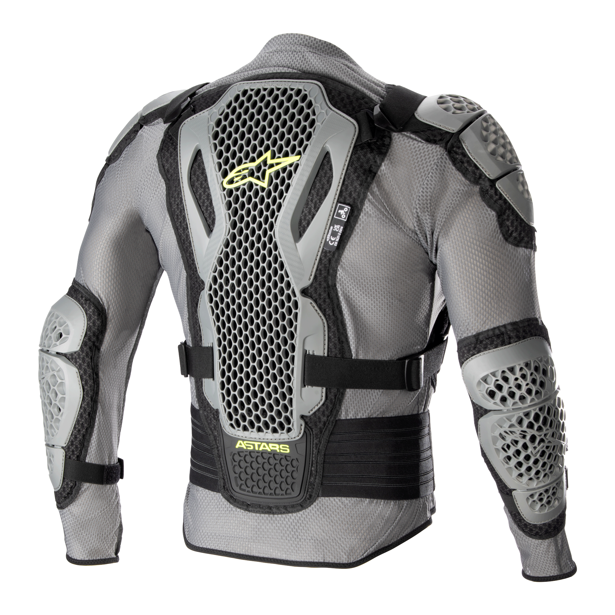 Alpinestars Bionic Action V2 Schutzjacke, Rückansicht, Grau und Schwarz mit Akzenten in Gelb Fluo, mit hochperforierten Cell Technology Rücken-, Schulter- und Ellbogenprotektoren, graues Mesh-Chassis mit schwarzen verstellbaren Riemen und gelbem Astars-Branding