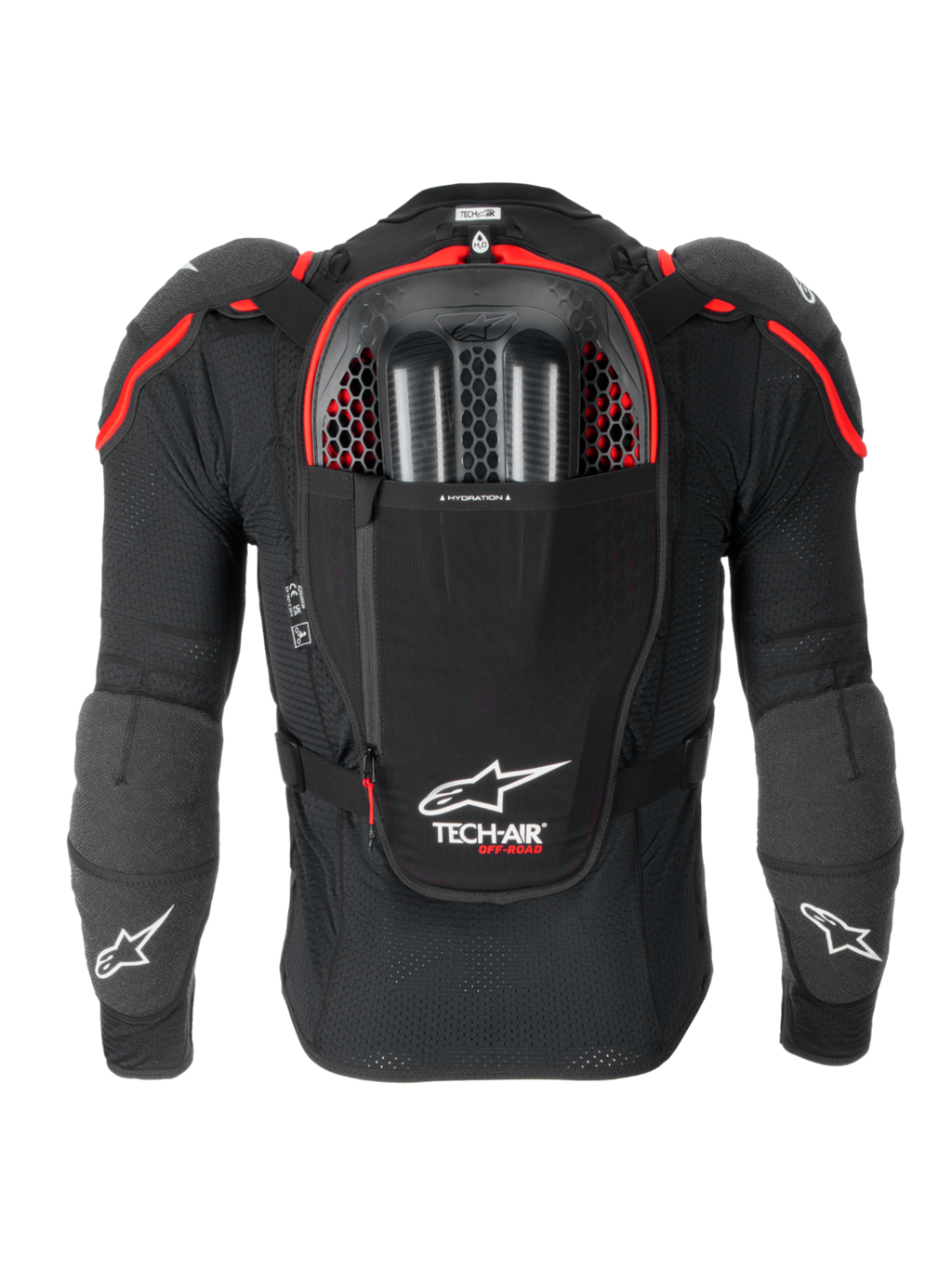 Alpinestars Tech-Air® Off-Road Airbag-System, Offroad-Motorrad-Airbagsystem, Rückansicht in Schwarz und Rot, mit integriertem Nucleon CELL Rückenprotektor, Trinkblasen-Fach und CE Level 1 Schutz