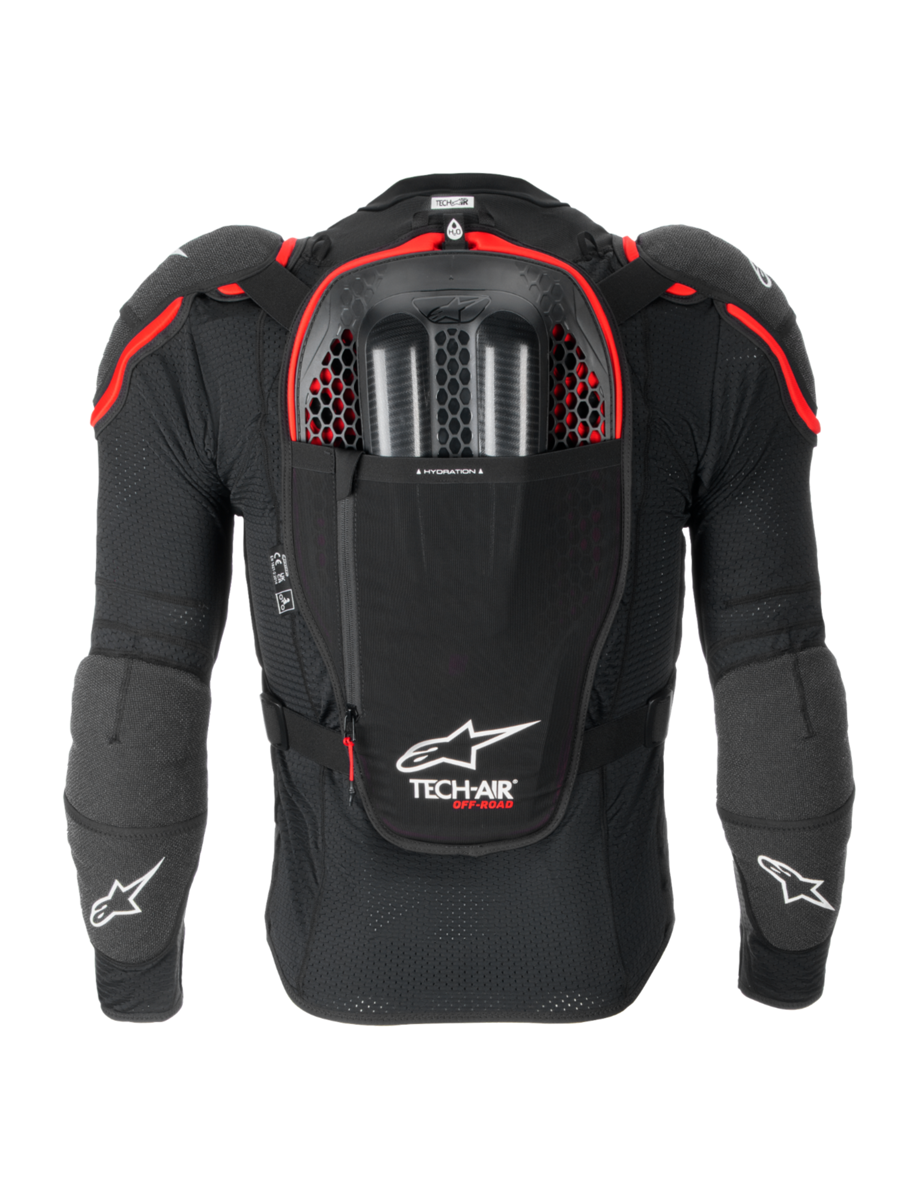 Alpinestars Tech-Air® Off-Road Airbag-System, Offroad-Motorrad-Airbagsystem, Rückansicht in Schwarz und Rot, mit integriertem Nucleon CELL Rückenprotektor, Trinkblasen-Fach und CE Level 1 Schutz