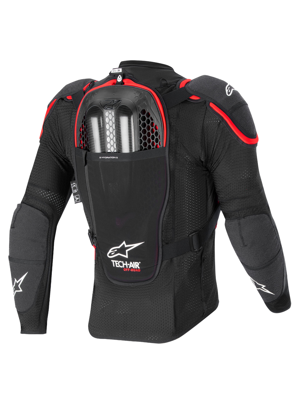 Alpinestars Tech-Air® Off-Road Airbag-System, Offroad-Motorrad-Airbag-Schutzjacke, Rückansicht, Schwarz und Rot, mit integriertem Nucleon CELL Rückenprotektor und Dual-Charge-Gasinflatoren
