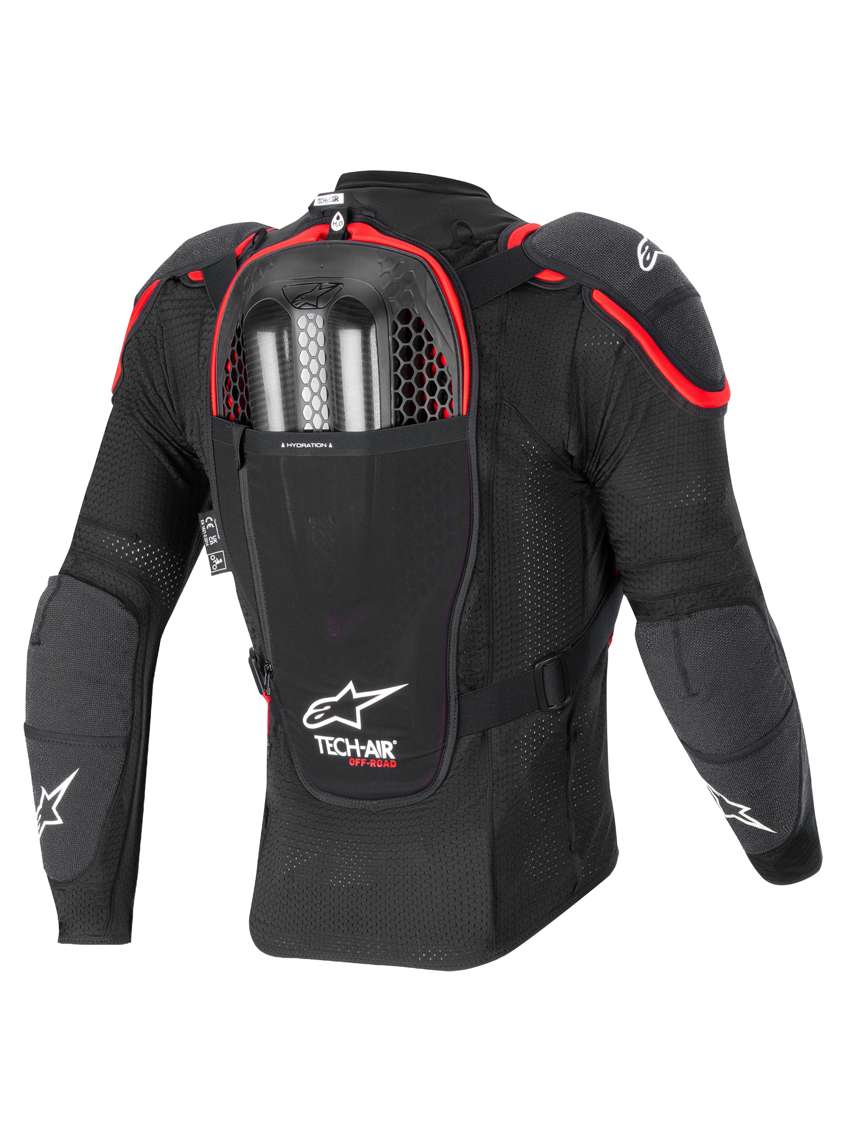 Alpinestars Tech-Air® Off-Road Airbag-System, Offroad-Motorrad-Airbag-Schutzjacke, Rückansicht, Schwarz und Rot, mit integriertem Nucleon CELL Rückenprotektor und Dual-Charge-Gasinflatoren