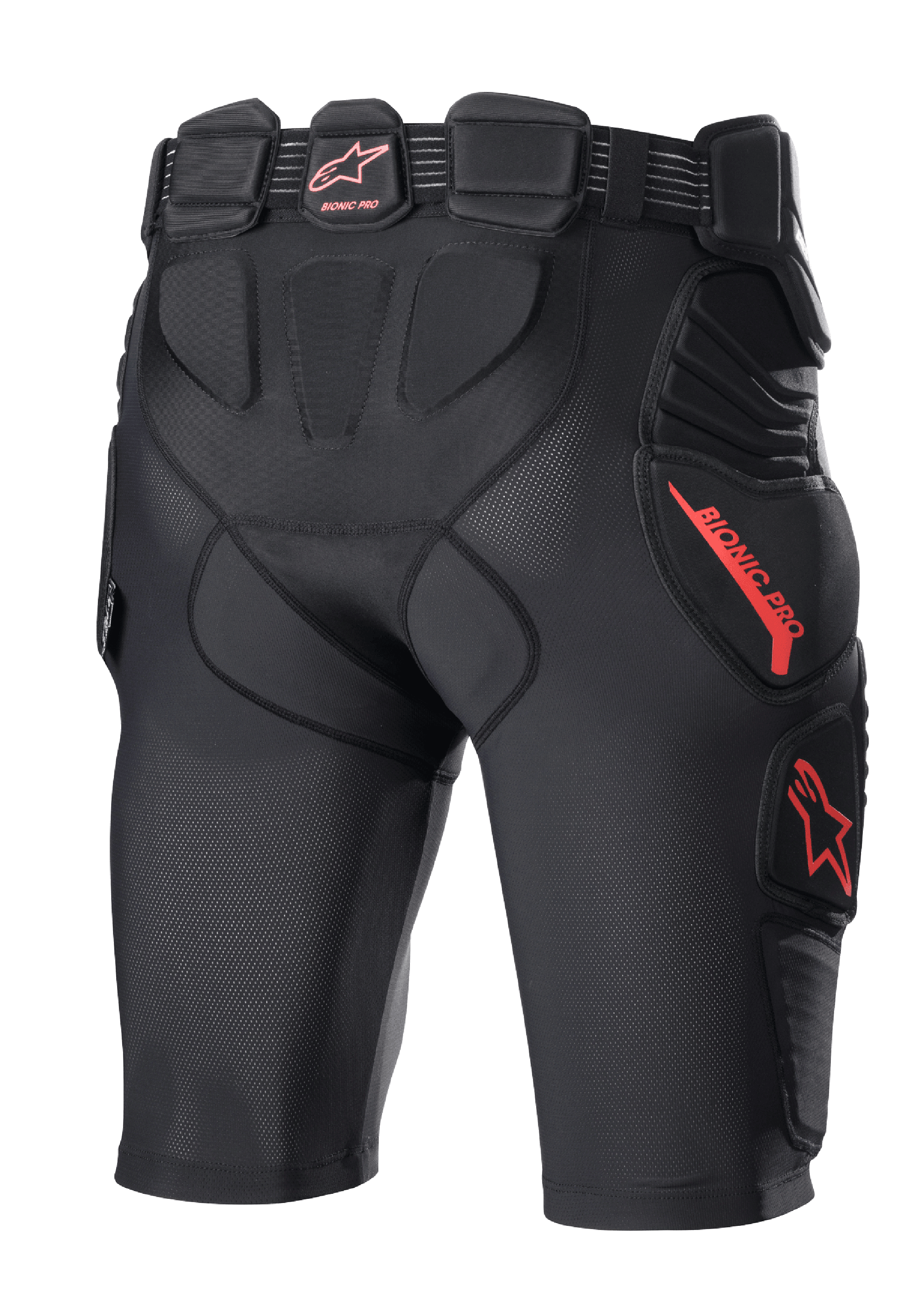Alpinestars Bionic Pro Protektorenshorts, Motocross-Schutzhose, Schwarz und Rot, Rückansicht mit integrierter Hüft- und Oberschenkelpolsterung, atmungsaktive Mesh-Konstruktion, rotes Alpinestars-Logo und Branding, schützende Basisschicht für den Offroad-Einsatz