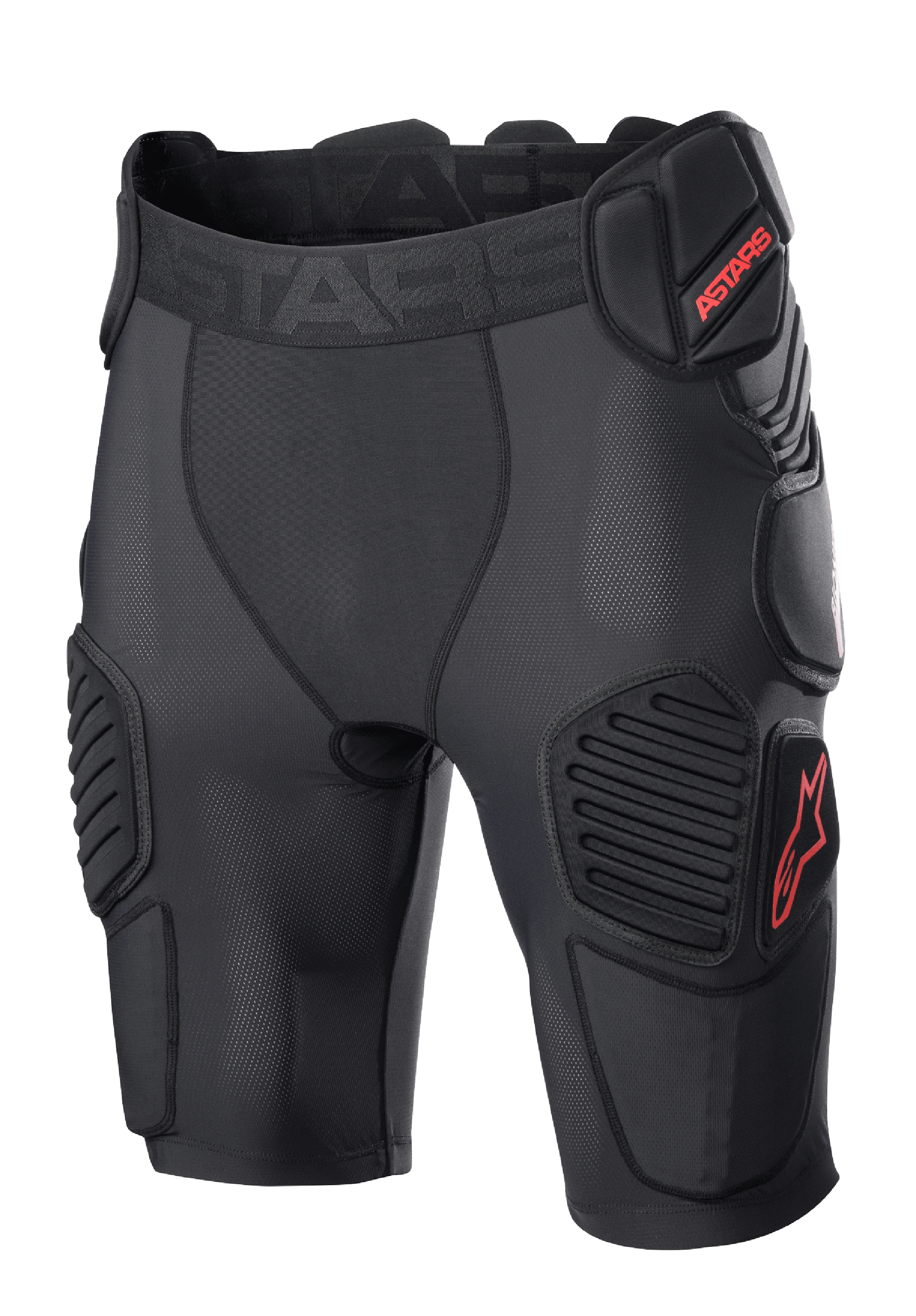 Alpinestars Bionic Pro Protection Shorts, Motocross-Protektorenshorts, Schwarz und Rot, mit gepolstertem Hüft- und Oberschenkelschutz, atmungsaktives Mesh-Gewebe, elastischer Bund mit rotem ASTARS-Logo, technisches Design für Offroad-Aufprallschutz
