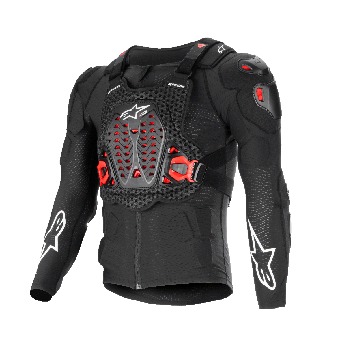 Alpinestars Bionic XTR Plasma Protection Jacket, Black with Red and White accents, Motorcycle Body Armor, breathable mesh-textured chassis, ventilated chest plate with red Nucleon PLASMA inserts, white star logos on sleeves, adjustable side buckles, high-impact off-road gear