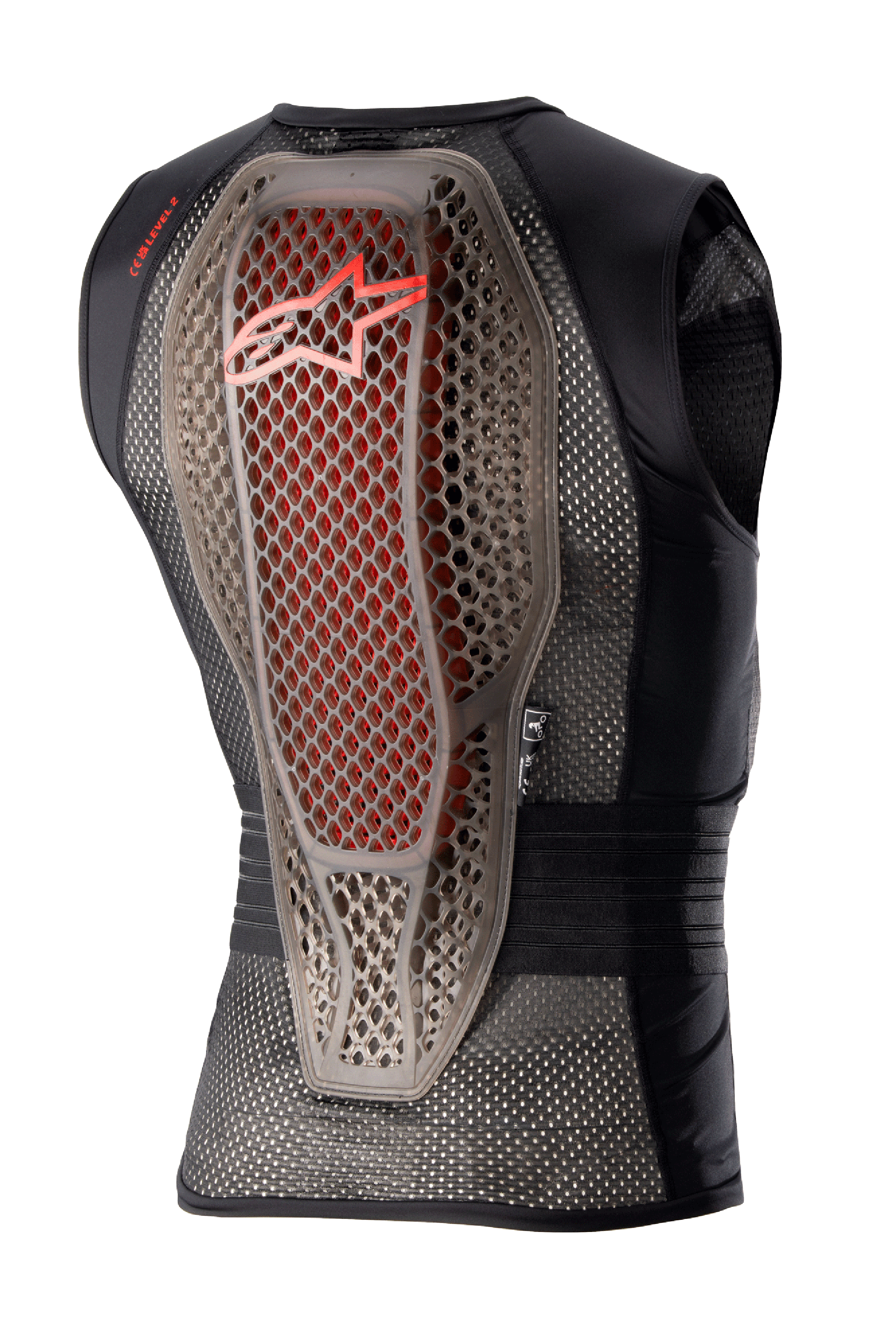 Alpinestars Nucleon Flex Pro Schutzweste, Motorrad-Schutzweste, Transparent Smoke Rot Schwarz, Rückansicht mit Hybrid-Cell-Struktur-Rückenprotektor und roten Akzenten, belüftetes schwarzes Mesh-Chassis, ergonomisches Sicherheitsdesign