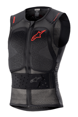 Alpinestars Nucleon Flex Pro Protection Vest, black sleeveless motorcycle body armor, perforated mesh chassis for airflow, red Alpinestars logo on chest and red text on shoulders, adjustable elasticated waist belt, front zipper, CE Level 2 certified back and chest protection