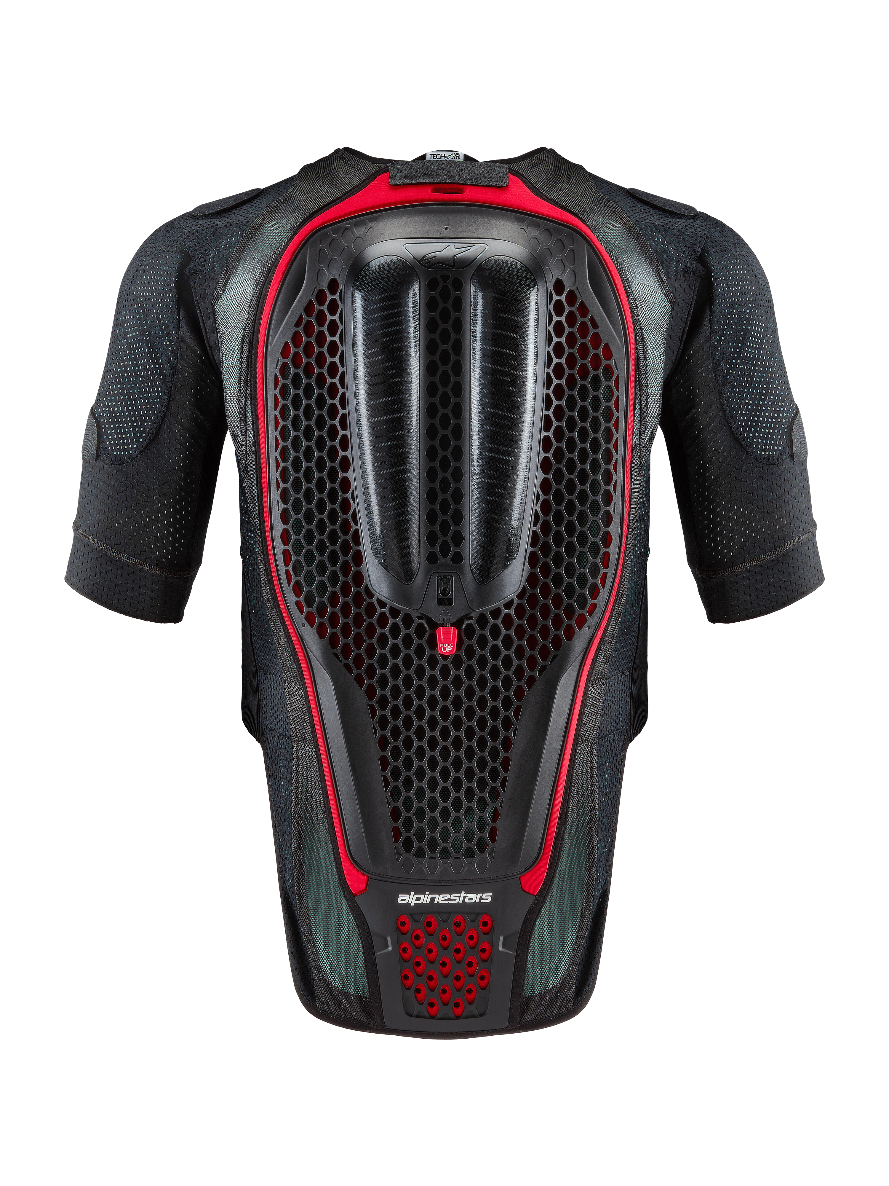 Alpinestars Tech-Air® 7X System, autonome Motorrad-Airbag-Weste, Schwarz und Rot, Rückansicht mit integriertem Waben-Rückenprotektor und belüfteter Mesh-Konstruktion für Rennstrecke und Straße.