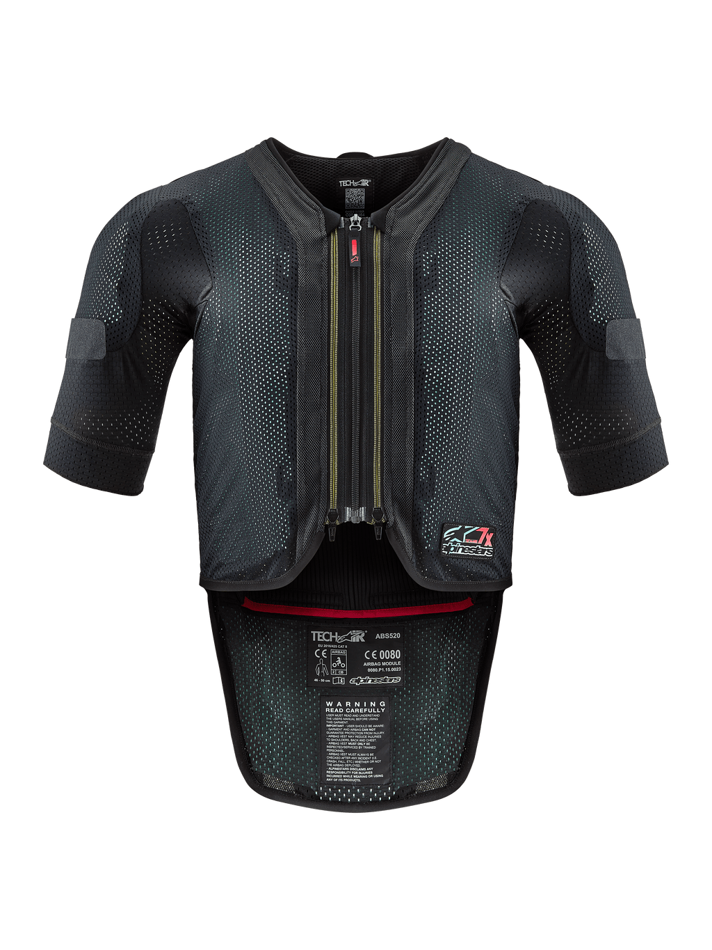 Alpinestars Tech-Air® 7X System, Motorrad-Airbag-Weste, Schwarz und Rot, Vorderansicht mit belüftetem Mesh-Chassis, mittiger Reißverschluss mit rotem Anhänger und internen Zertifizierungsetiketten, Hochleistungsschutz für Rennstrecken- und Straßeneinsatz