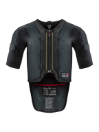 Alpinestars Tech-Air® 7X System, Motorrad-Airbag-Weste, Schwarz und Rot, Vorderansicht mit belüftetem Mesh-Chassis, mittiger Reißverschluss mit rotem Anhänger und internen Zertifizierungsetiketten, Hochleistungsschutz für Rennstrecken- und Straßeneinsatz