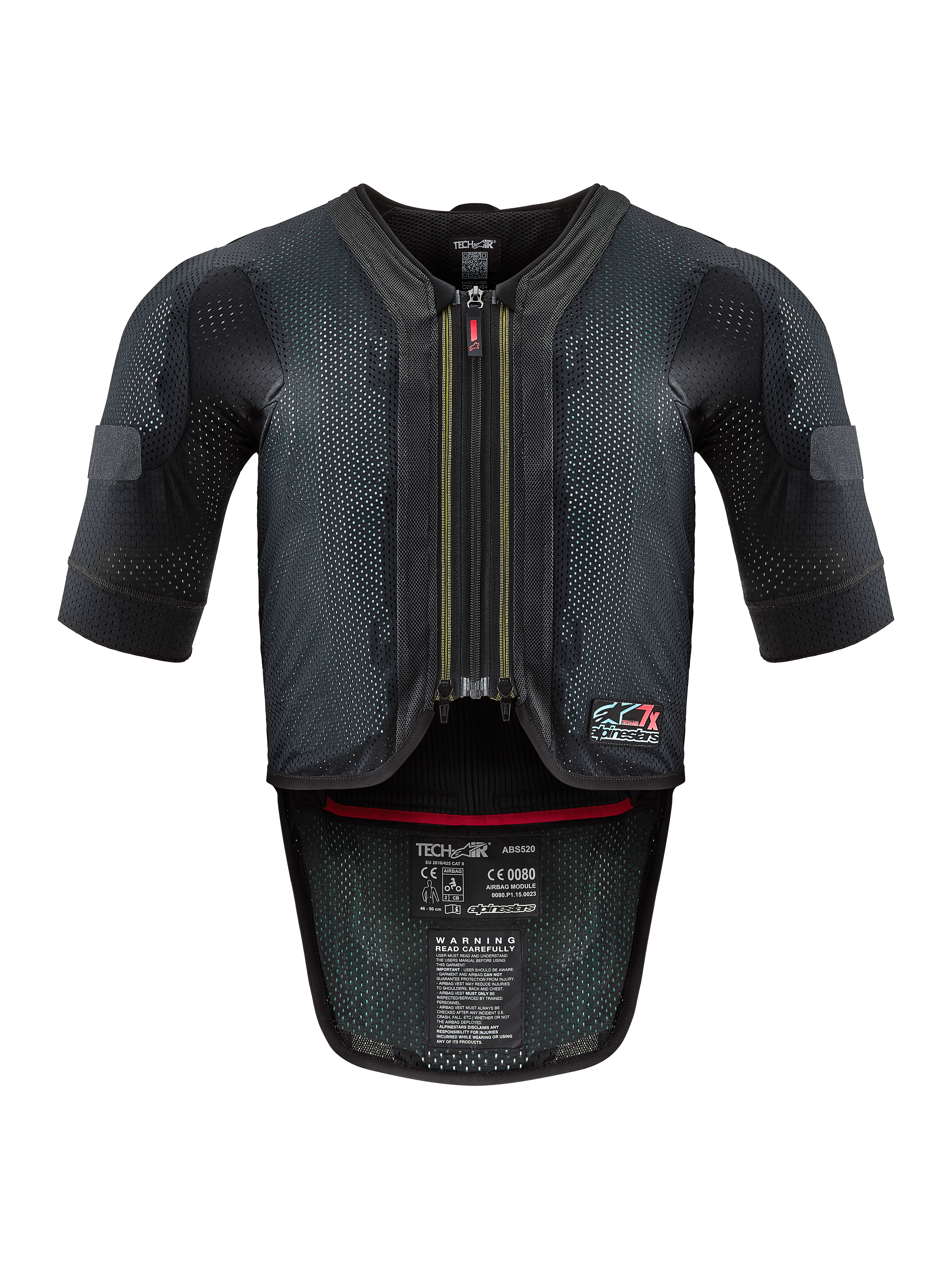 Alpinestars Tech-Air® 7X System, Motorrad-Airbag-Weste, Schwarz und Rot, Vorderansicht mit belüftetem Mesh-Chassis, mittiger Reißverschluss mit rotem Anhänger und internen Zertifizierungsetiketten, Hochleistungsschutz für Rennstrecken- und Straßeneinsatz