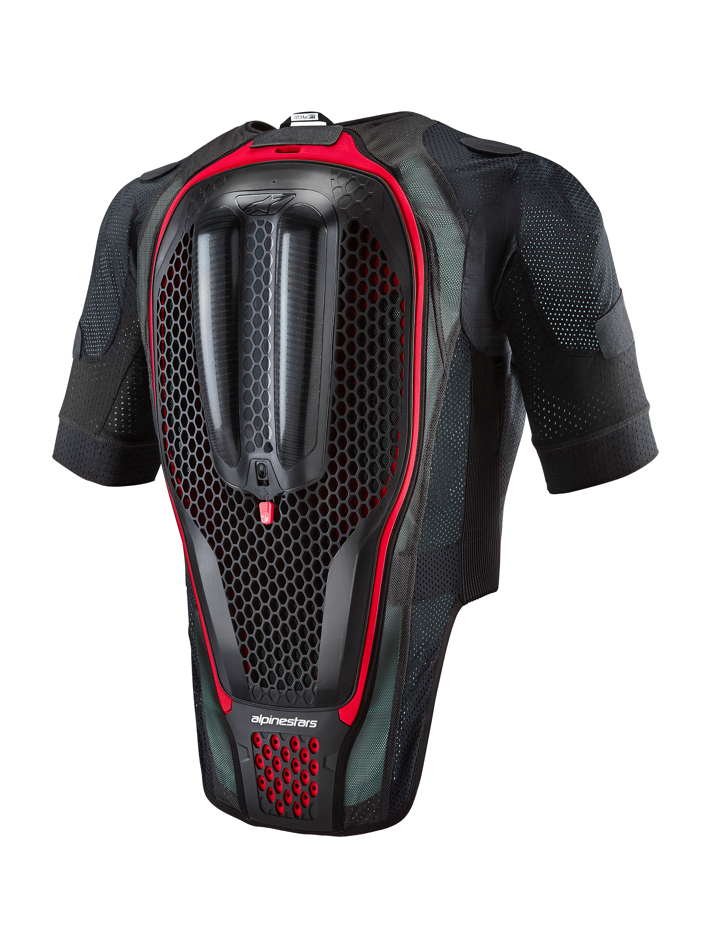 Alpinestars Tech-Air® 7X System, Motorrad-Airbagweste, Rückansicht mit integriertem Rückenprotektor in Wabenstruktur, schwarzes Mesh-Gewebe mit roten Akzenten, ergonomische Schutzausrüstung für Straßenrennsport und Track Days