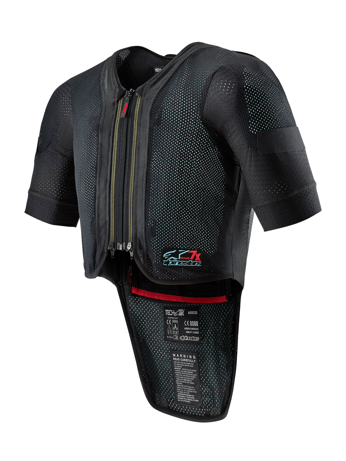 Alpinestars Tech-Air 7X System, Motorcycle Airbag Vest, Black, featuring a zippered front, ventilated mesh chassis with dotted texture, short sleeves, extended back protector, red interior trim, and Tech-Air 7X logo on the chest, designed for road racing and track performance