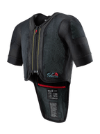 Alpinestars Tech-Air 7X System, Motorrad-Airbag-Weste, Schwarz, Reißverschluss vorne, belüftetes Mesh-Gewebe mit gepunkteter Textur, Kurzarm, verlängerter Rückenprotektor, rotes Innenfutter, Tech-Air 7X-Logo auf der Brust, entwickelt für Straßenrennen und Rennstrecken-Performance