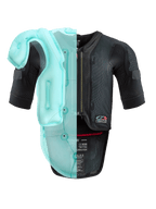 Alpinestars Tech-Air® 7X System, autonome Motorrad-Airbag-Weste, schwarzes Mesh-Chassis mit hellblauer transparenter Visualisierung der internen Airbag-Blase, technische Schutzausrüstung mit kurzen Ärmeln und integriertem Rückenprotektor