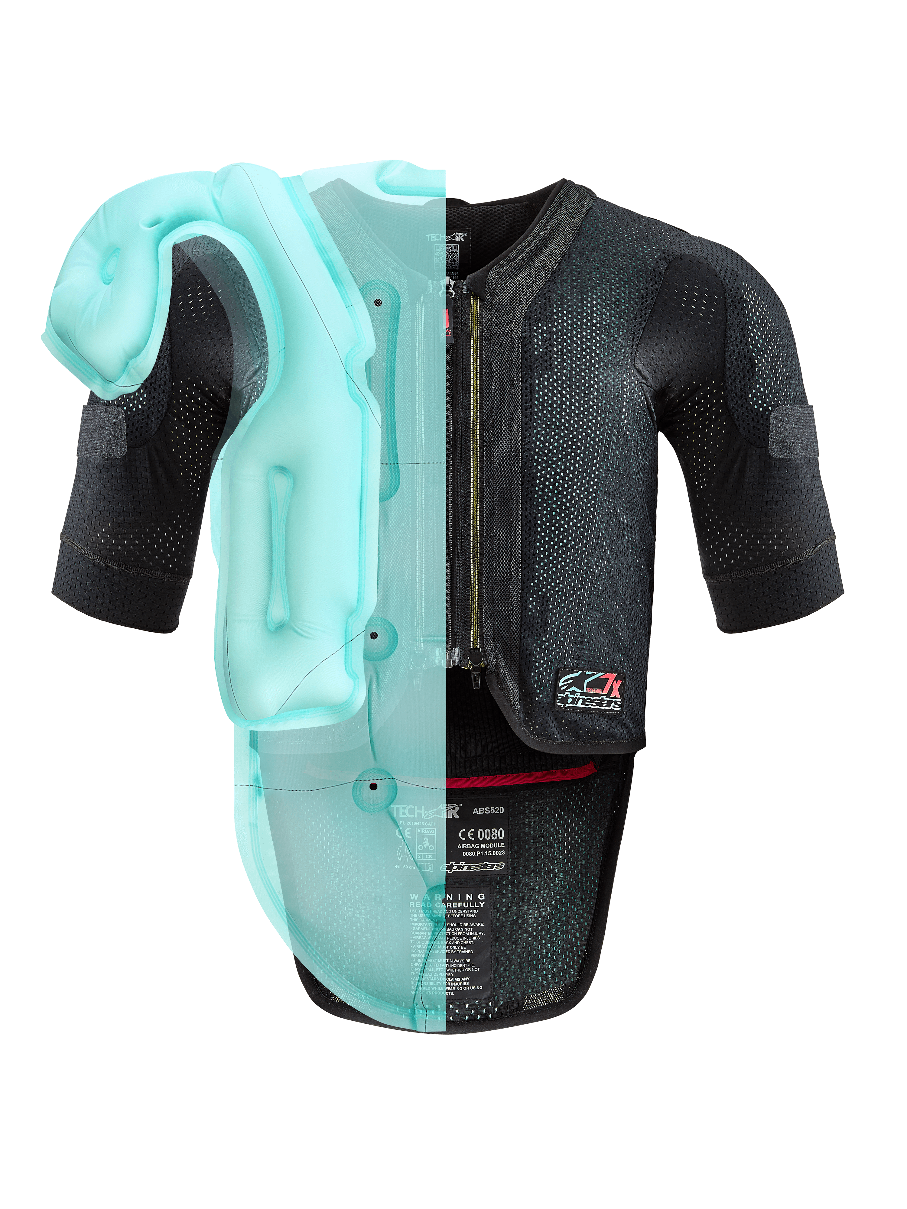 Alpinestars Tech-Air® 7X System, autonome Motorrad-Airbag-Weste, schwarzes Mesh-Chassis mit hellblauer transparenter Visualisierung der internen Airbag-Blase, technische Schutzausrüstung mit kurzen Ärmeln und integriertem Rückenprotektor